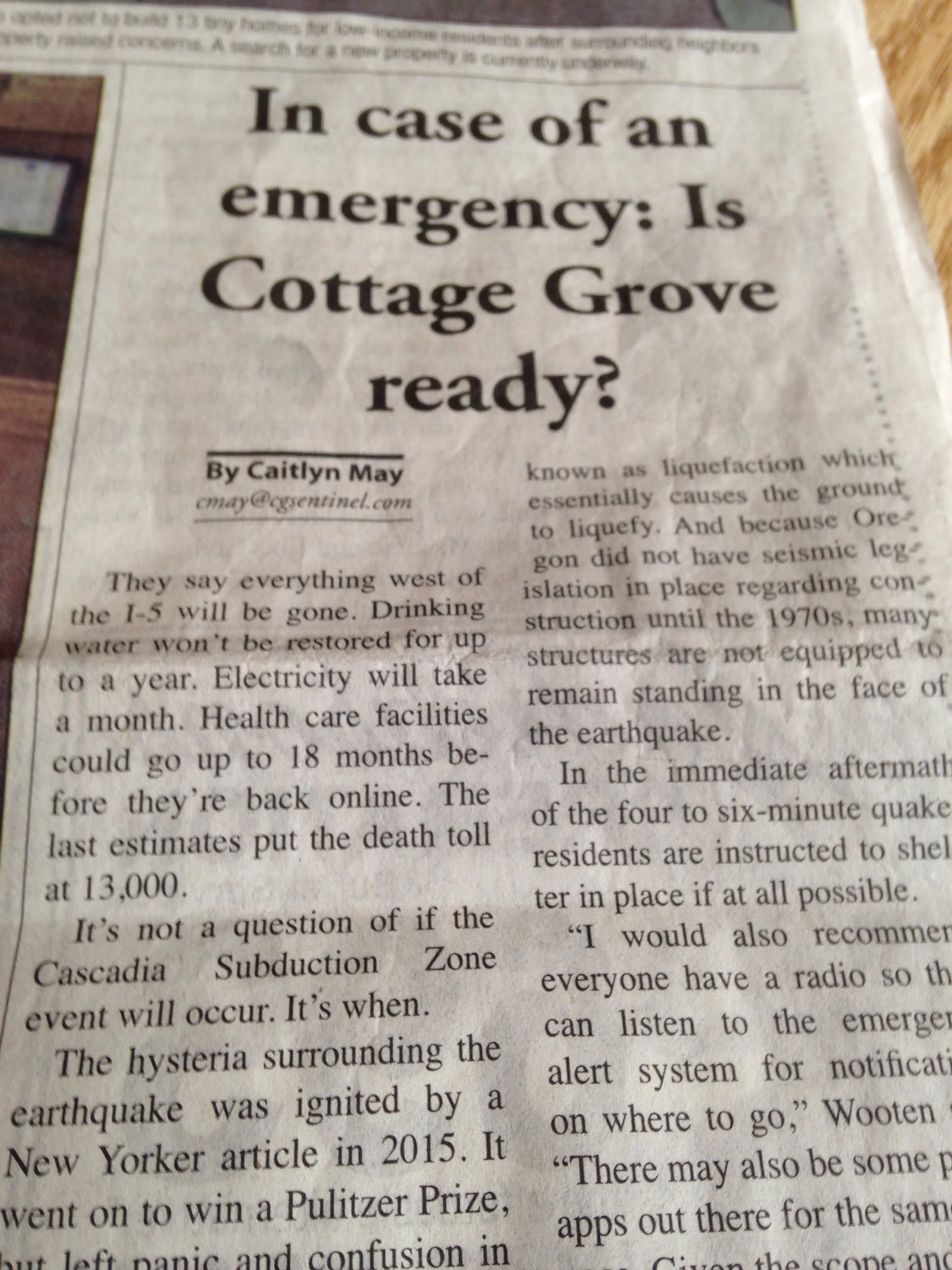 News article, The Cottage Grove Sentinel (Oregon), March 3, 2017. 