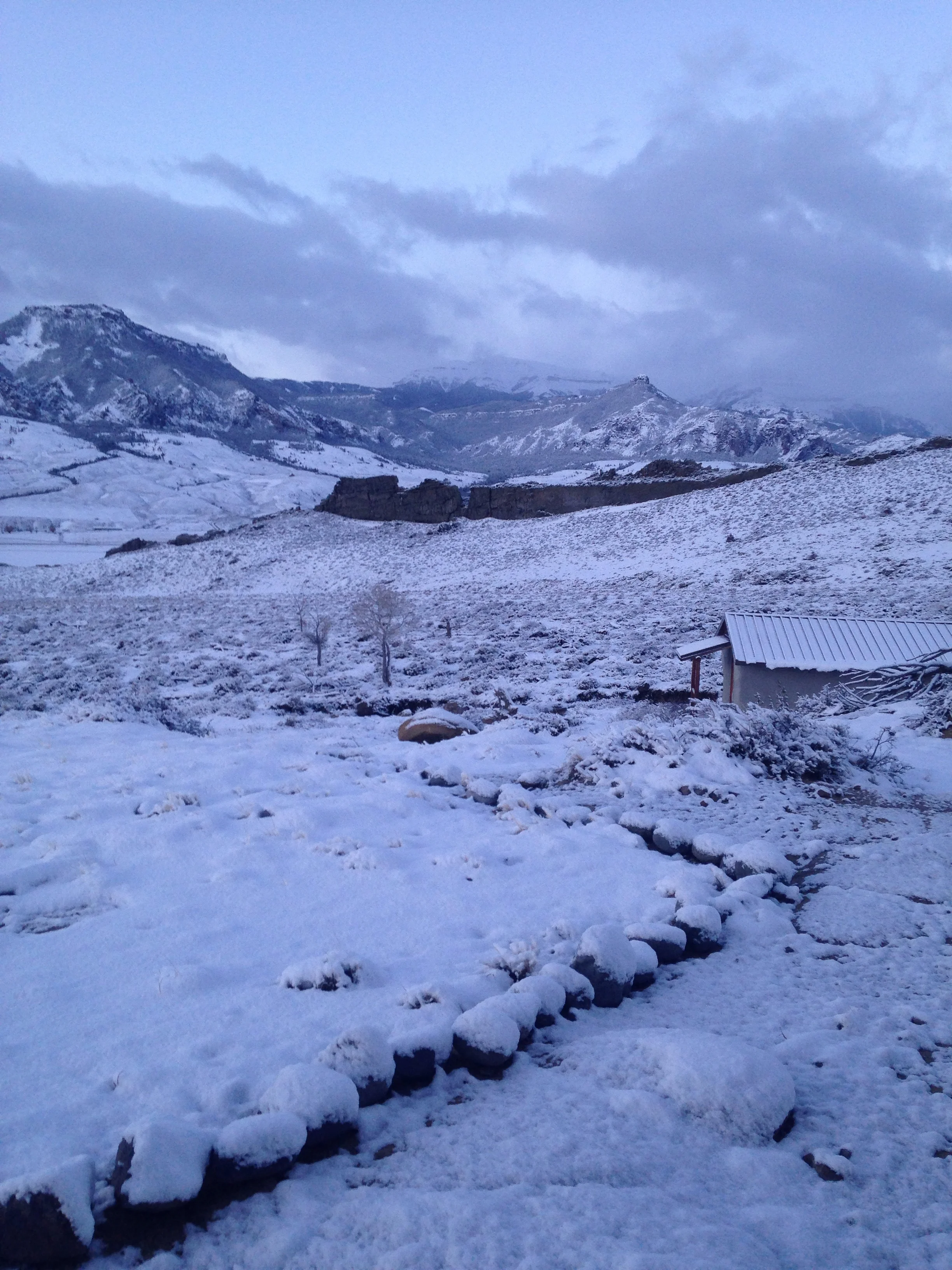 Ptarmigan Mountain, Wapiti, Wyoming, April 2, 2017, writer's cabin in foreground.