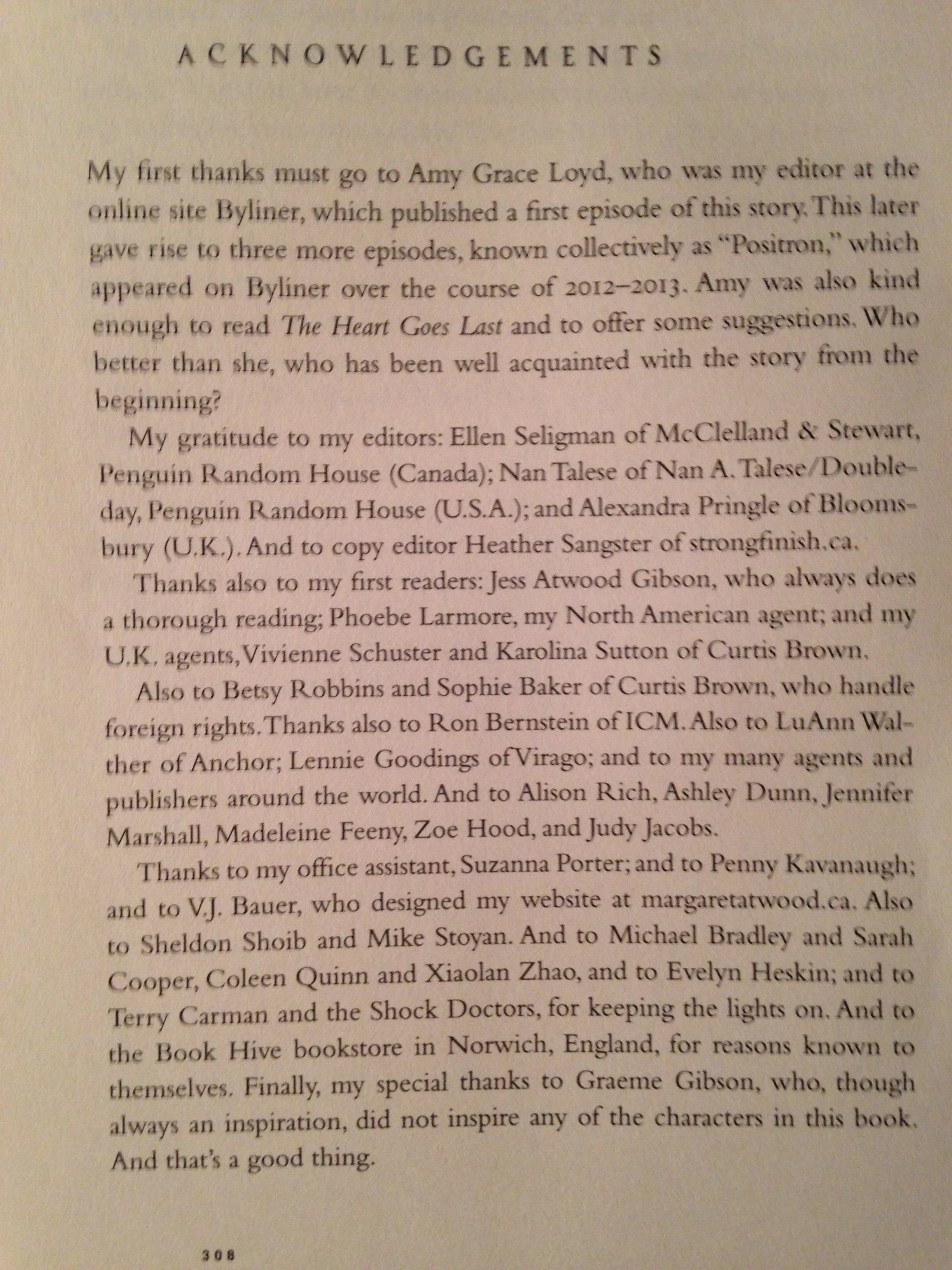 Acknowledgements page, "The Heart Goes Last" by Margaret Atwood (Nan A. Talese, 2015.)