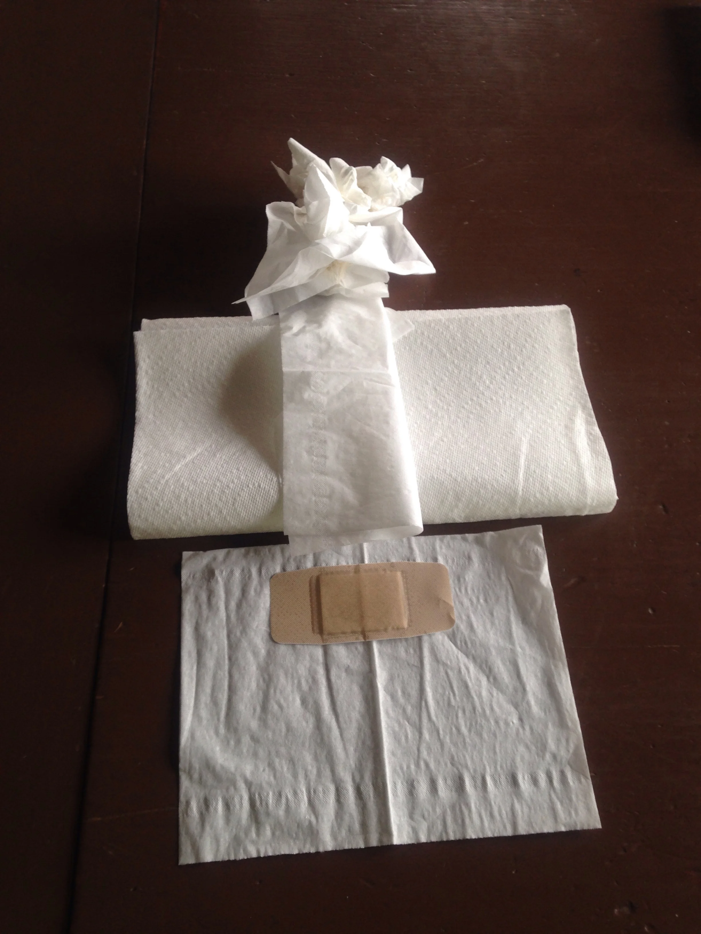 Men's Fly Fishing outfit, tissue paper, paper towel, and J&J antibiotic bandage.