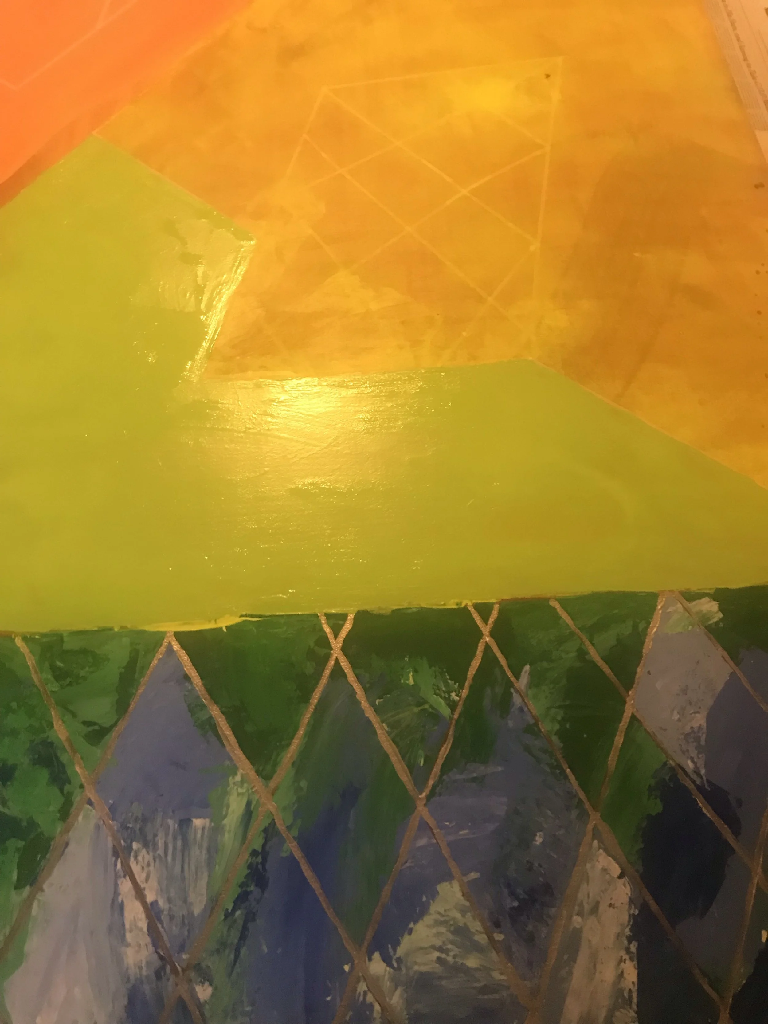 Detail, unfinished painting, “Stained Glass Stairs”. Photo by author, November 29, 2018.