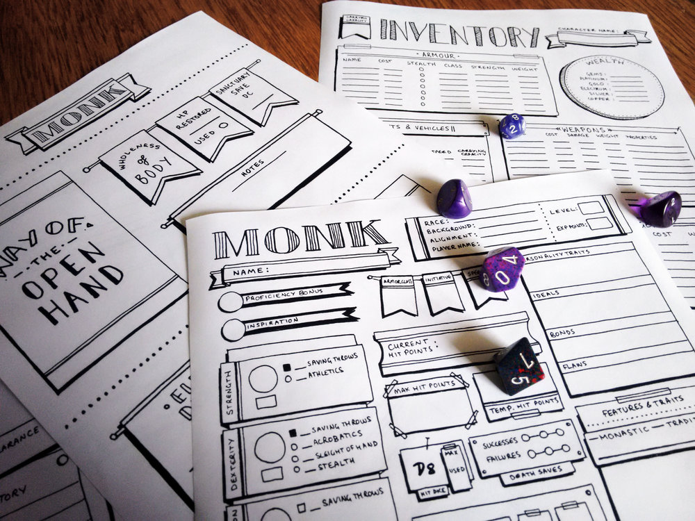 Monk Individual Character Sheet Pack Classic Style R N W