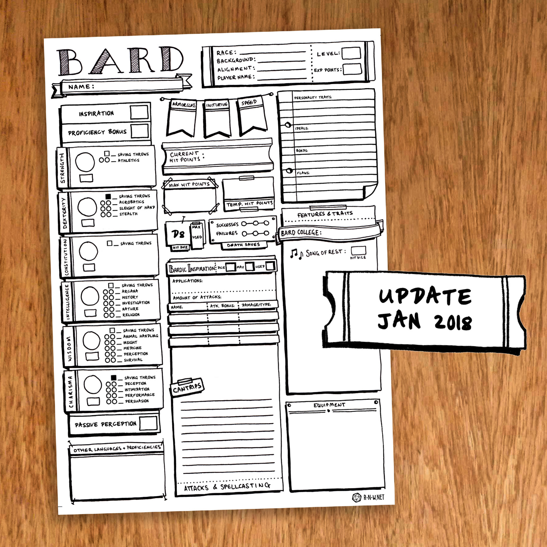 Bard Individual Character Sheet Pack Classic Style — R N W