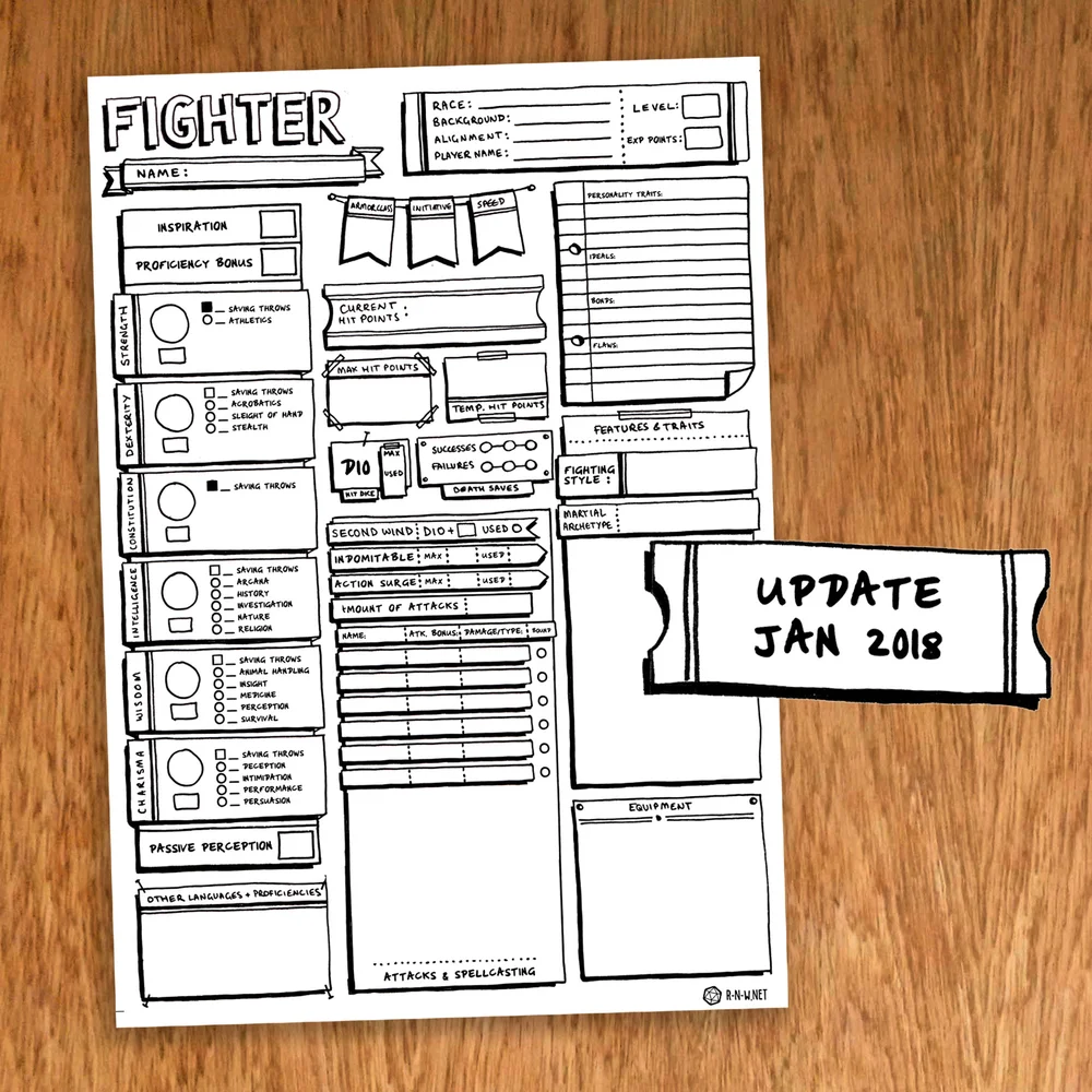 fighter individual character sheet pack classic style r n w