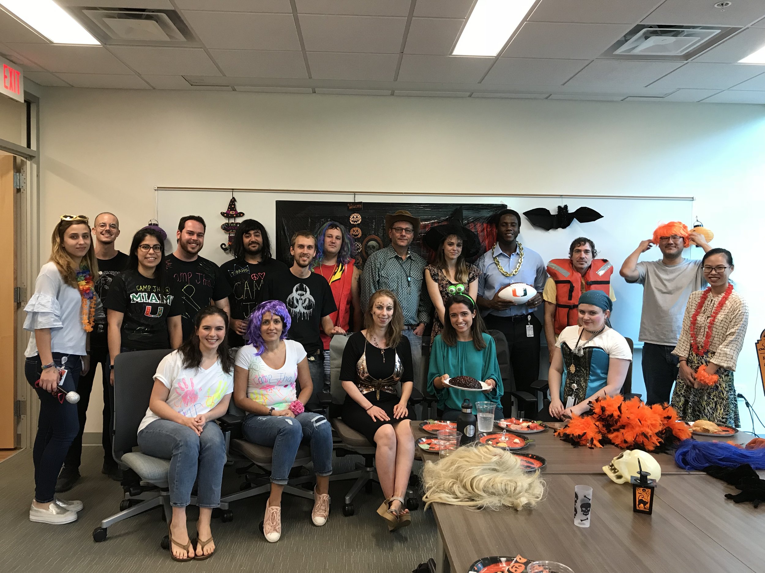 Beatriz Yepes (first from left, standing) as a pop star; Steven Anderson (second from left, standing) as himself; Morgan Gianola (sixth from left, standing) as himself; Liz Losin (third from left, sitting) as a butterfly; Jenna Perry (first from right, sitting) as a pirate