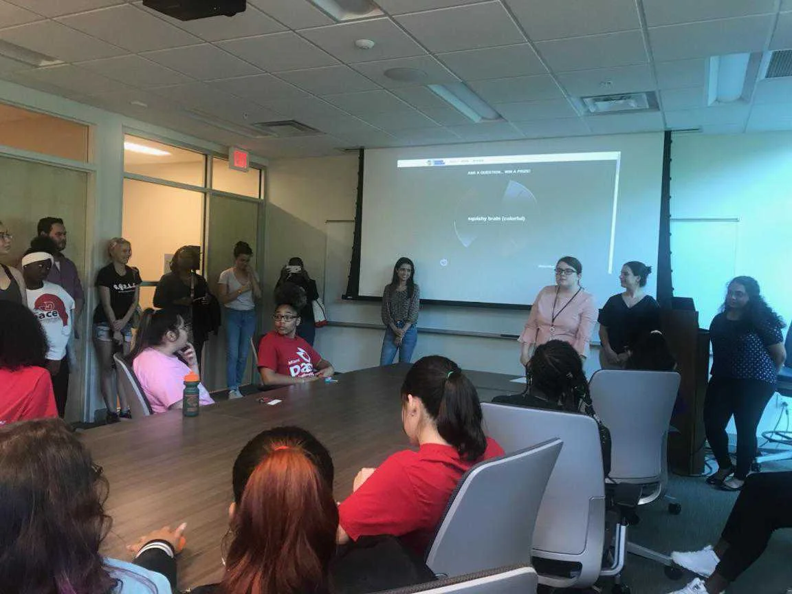 Several female scientists in our facility, including our research coordinator Jenna Perry (standing, wearing pink), lead a Q&A session about potential psychology and neuroscience career paths as well as their own experiences as women in STEM.
