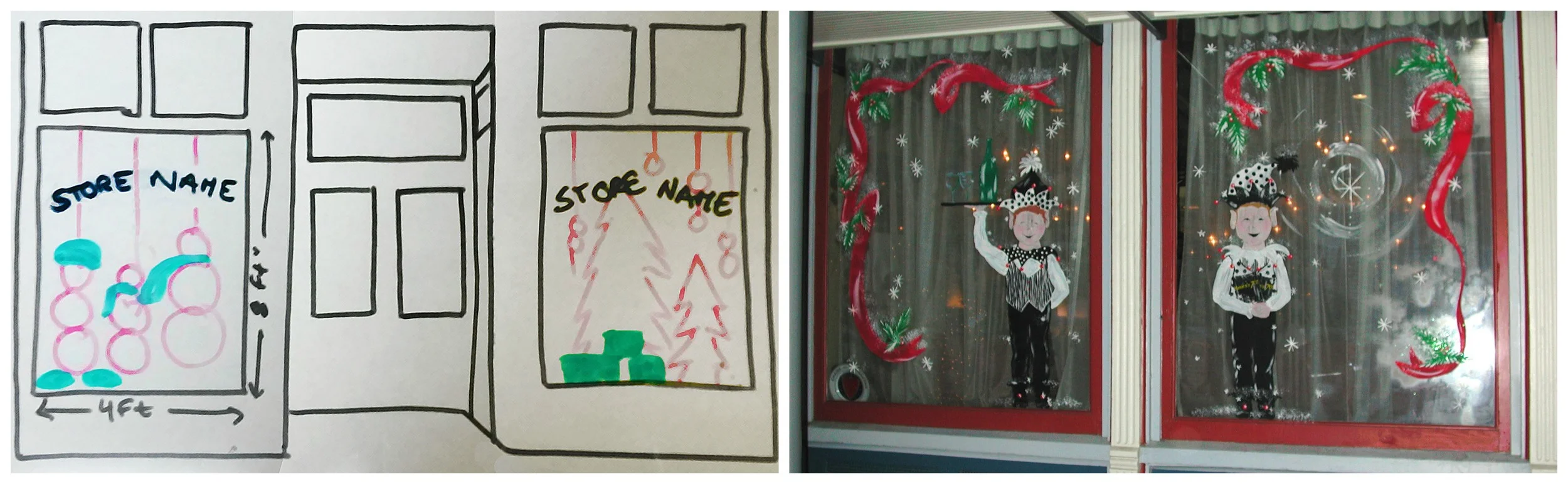 Prepare for window designs by sketching out ideas. Left is an example for a storefront from Texas Main Street Designer, Sarah Blankenship. &nbsp;Right shows a painted window display in Georgetown. Images courtesy Texas Main Street Program.&nbsp;