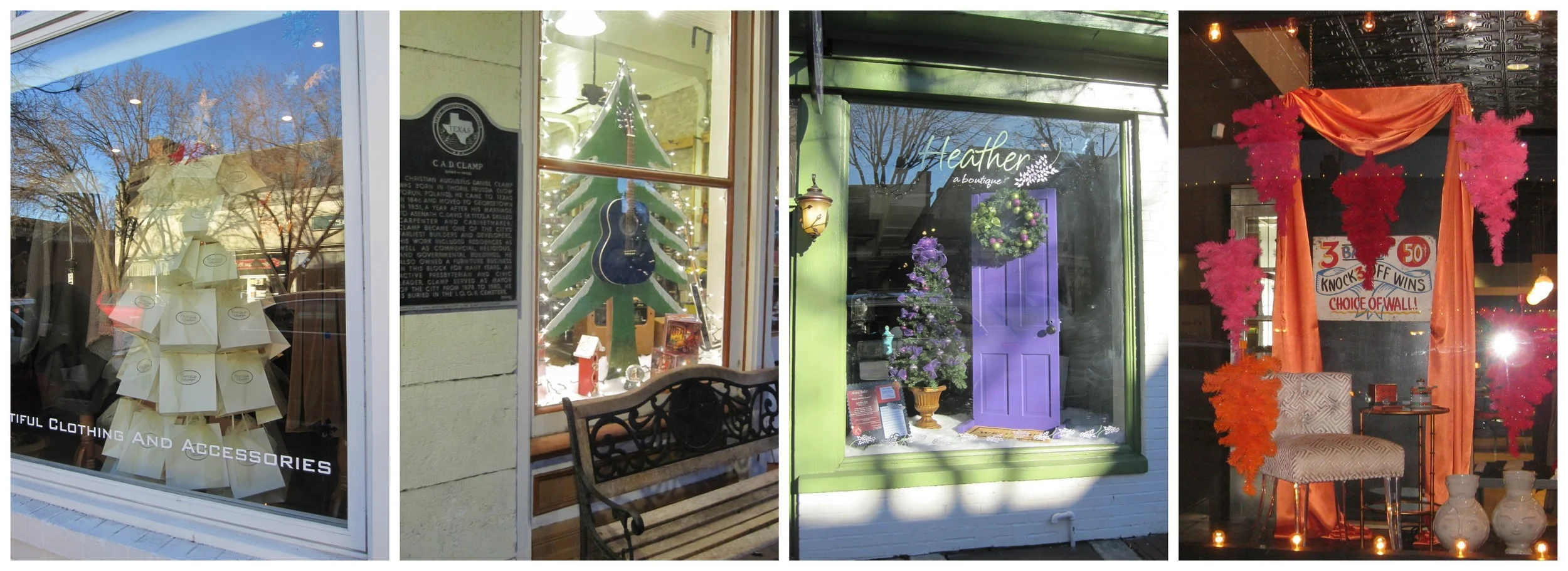 Window displays (left to right): &nbsp;store shopping bags displayed in the shape of a Christmas tree., a single guitar on a Christmas tree makes the product stand out, traditional holiday decorations in untraditional colors, and upside down Christm…