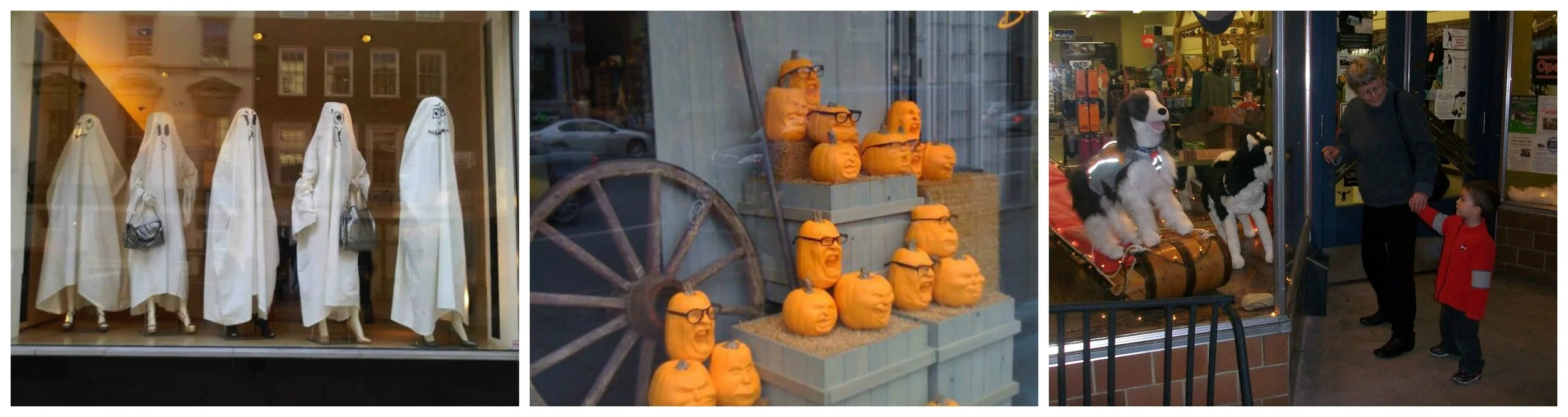 Humor in window displays showcases both product and season. Left to right: sheets on mannequins (image source: http://morcarter.blogspot.com/2010_10_01_archive.html), pumpkins displaying eye glasses (image source: http://curiolair.wordpress.com/tag/…