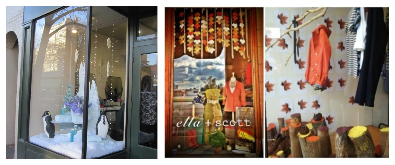 Left: The winter theme in this salon window doesn't utilize traditional winter holidays, but appeals to the season. Image source: Texas Main Street Program, Right: fall theme window display at Ella &amp; Scott, Image Source: http://www.boutiquewindo…