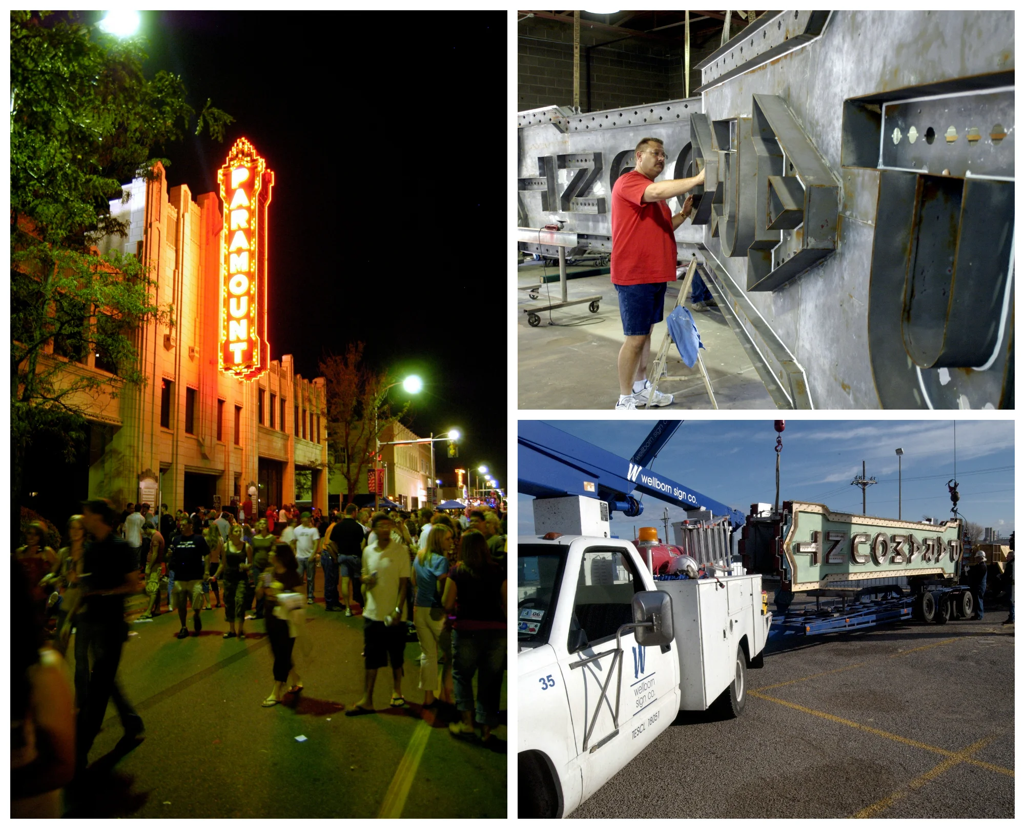 Restored Paramount sign (left), painting the sign (top right), and moving the sign(bottom right). Source: Ralph Duke, photographer.