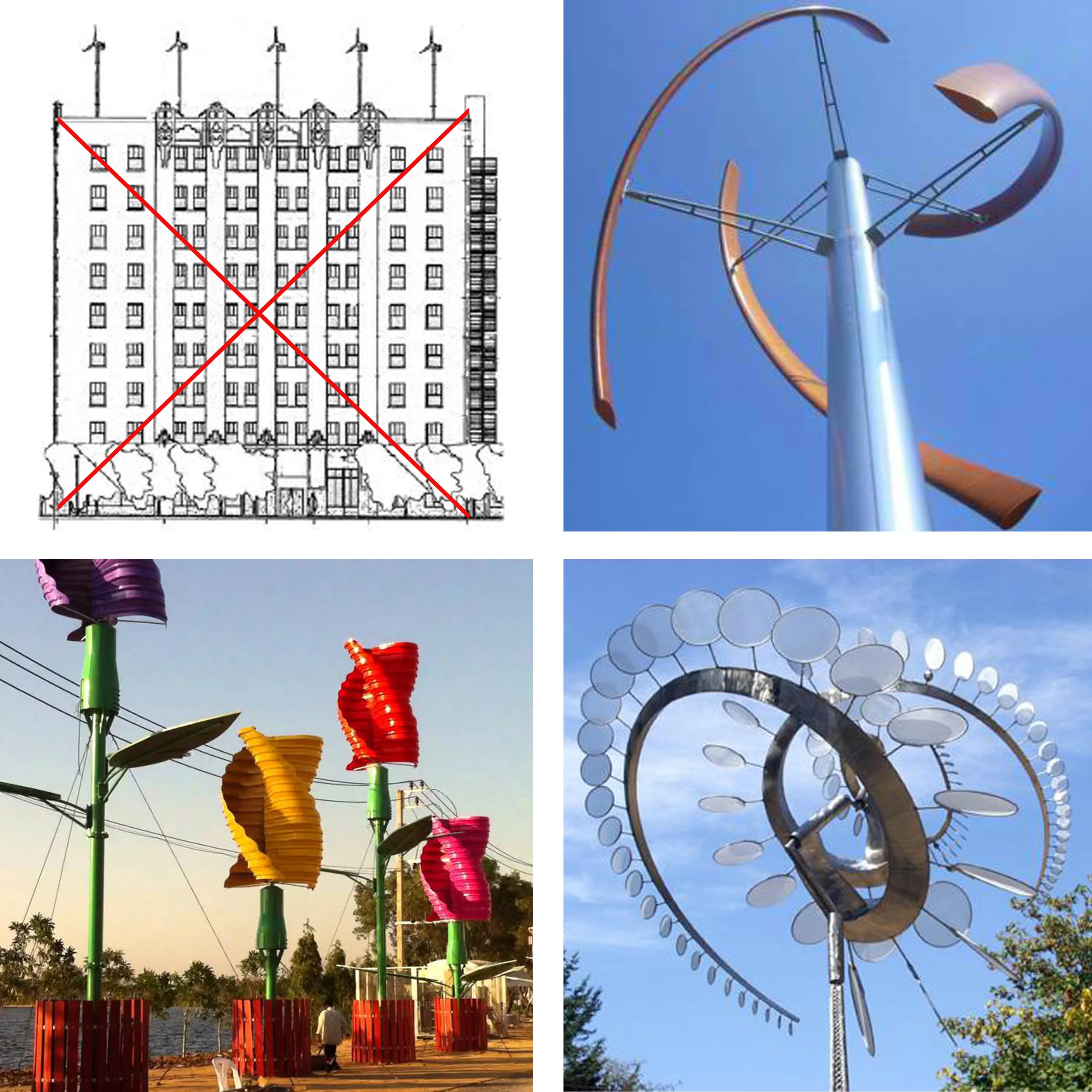 Top Left: Incompatible placement of turbines, source. Top Right: Enessere Hercules Wind Turbine, source. Bottom Left: Aeroklas Energy Tree source. Bottom Right: Rooster Rings by Anthony Howe, source.