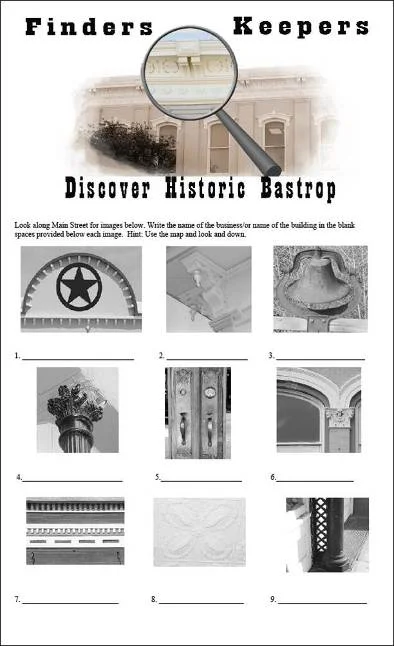 Bastrop features a Finders Keepers scavenger hunt of architectural building details for children during Preservation Month. 