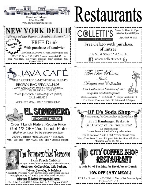 Local discount coupons for Harlingen restaurants.