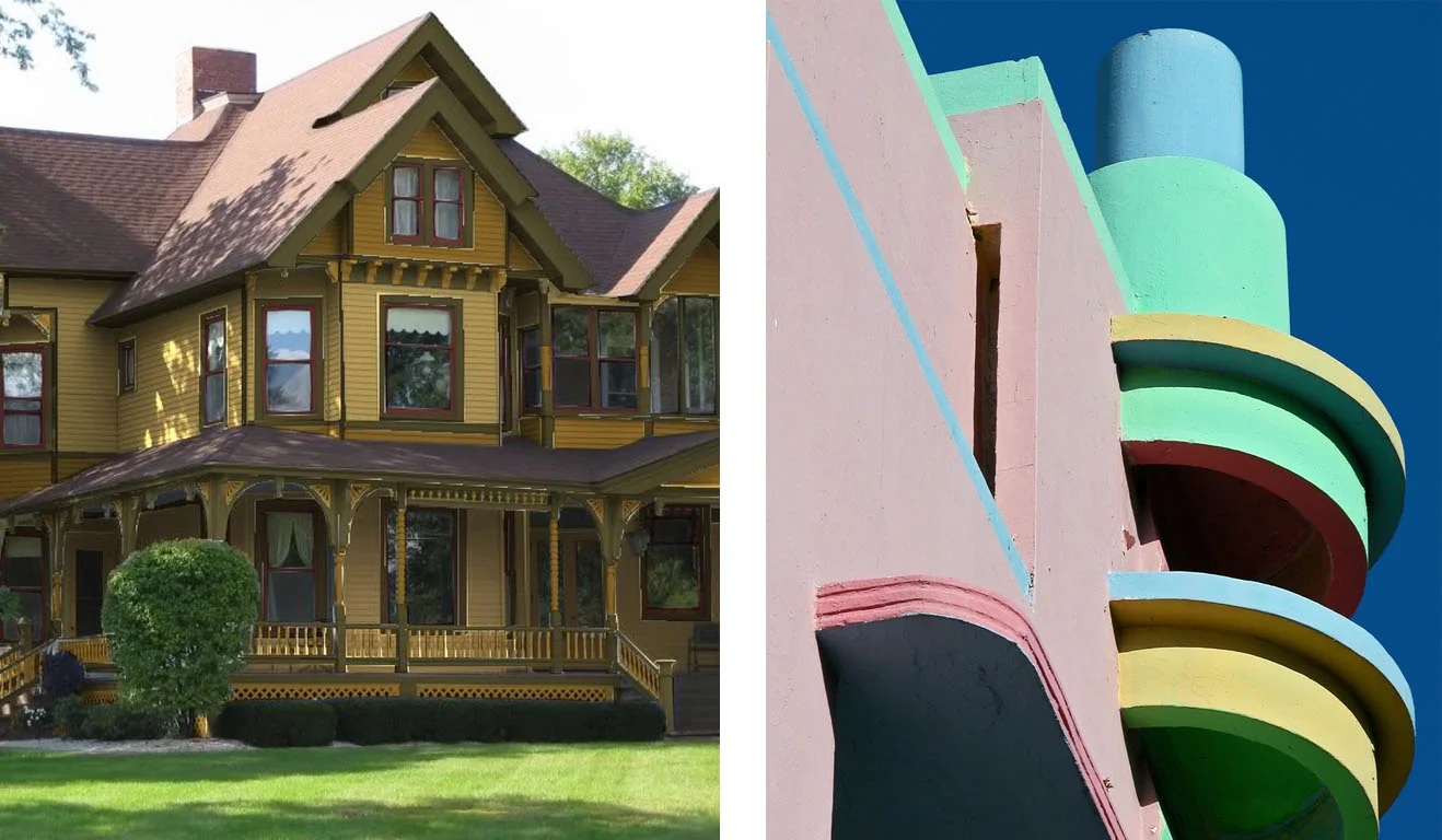 Victorian (left) vs. Art Deco (right) color scheme. &nbsp;Note how drastically different the colors are; both are appropriate for the building they are painted on. &nbsp;Often times a restricted color palette will exclude the brighter colors that ar…