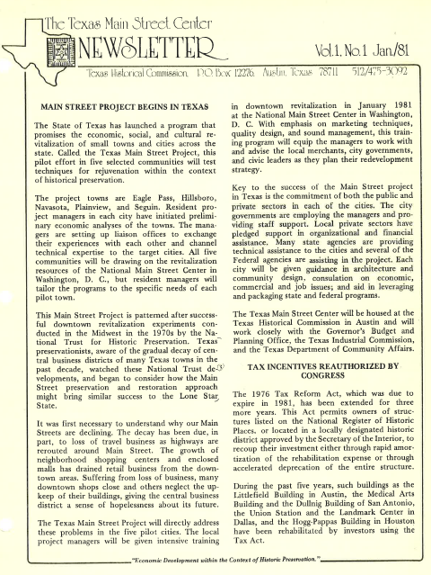 The inauguration of the Texas Main Street Project was announced in this newsletter in January 1981.