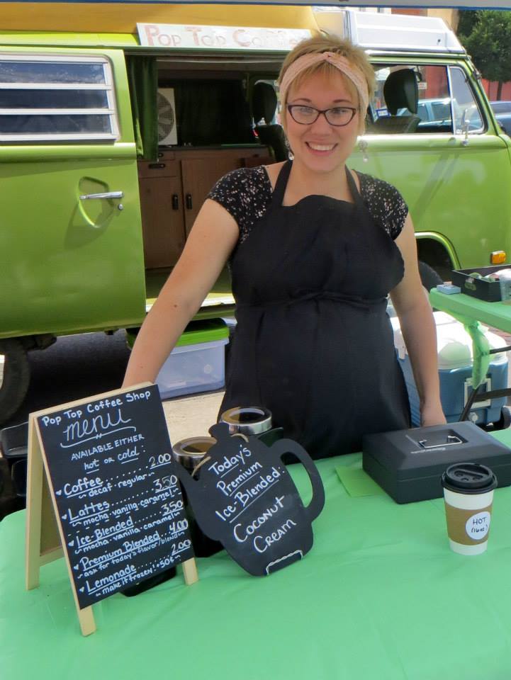 Pop Top Coffee Shop founder Mandie Tartaglia stands in front of the bus, “Zooey,” at the Farmer’s Market in Ennis. Photo courtesy Pop Top Coffee.