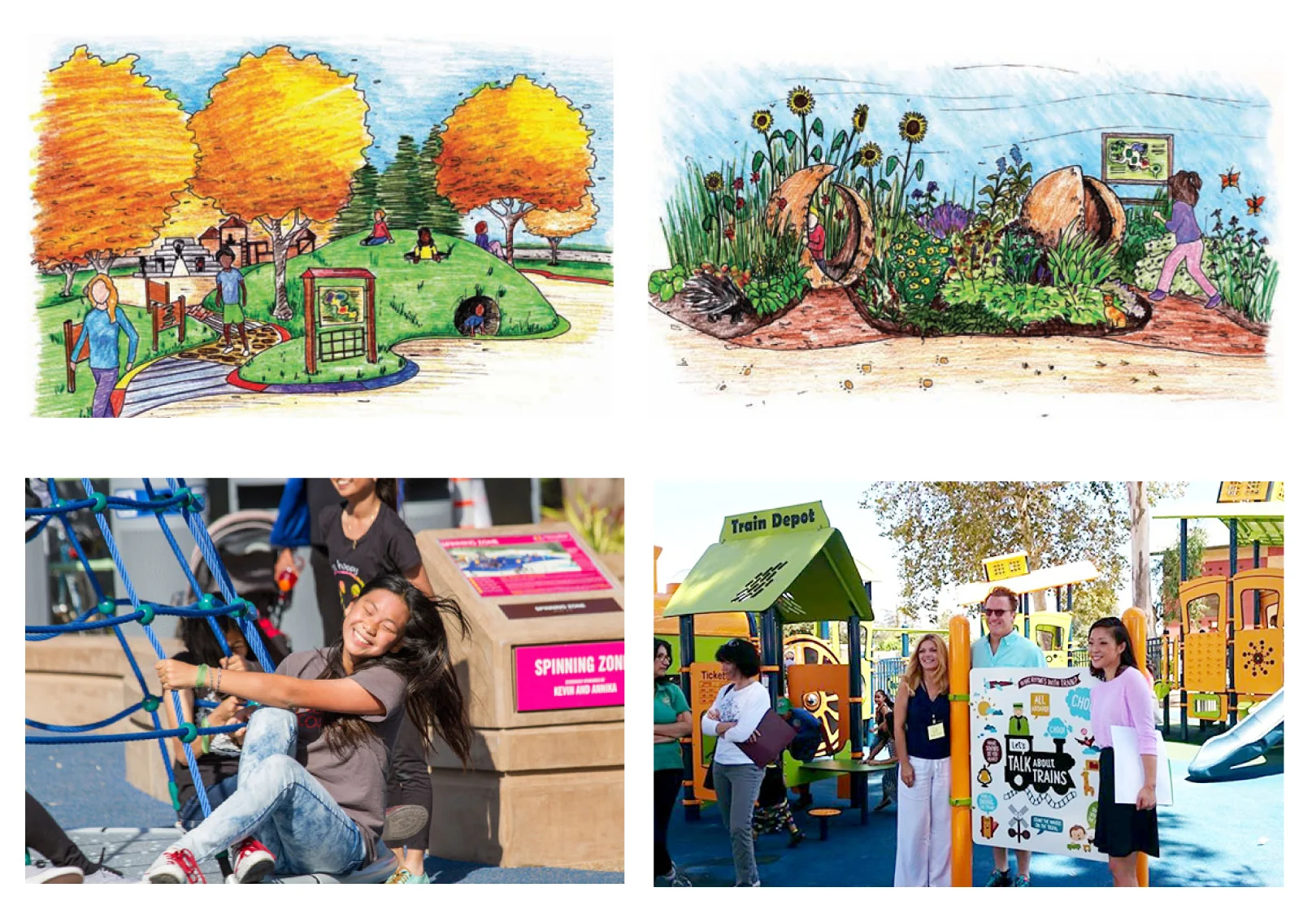 (Top left) Outdoor environments for children with autism could include transitions between spaces/activities, orientation maps, and elements of consistency. (Top right) Soothing areas and orientation maps can be incorporated into outdoor spaces for …