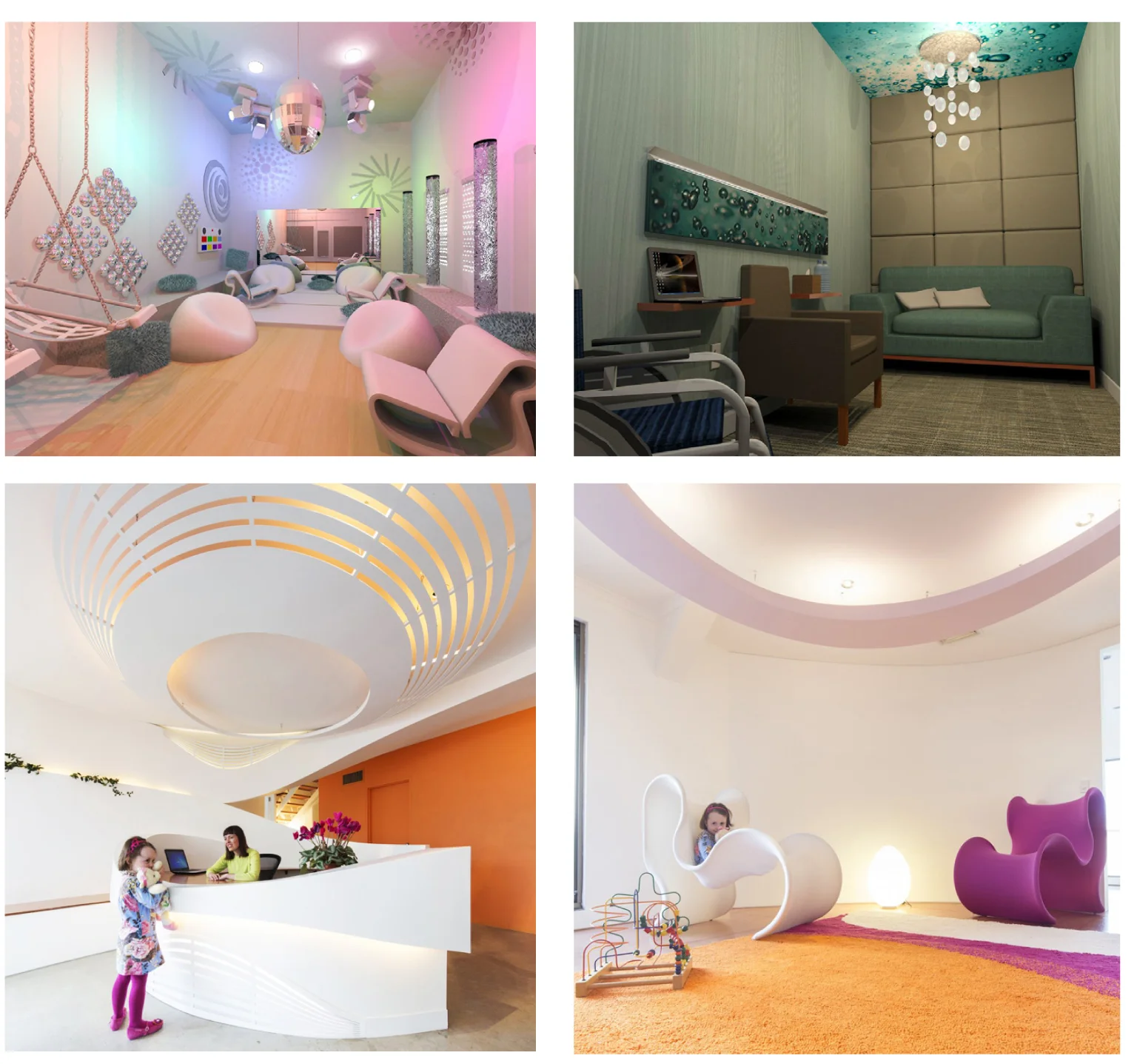 Examples of the guestrooms at the Autistic Facility Disney’s Magic Kingdom completed by Cheryl Jones (top) and Medical Center for Autistic Children completed by EnterArchitecture (bottom). (Image source and Image source)