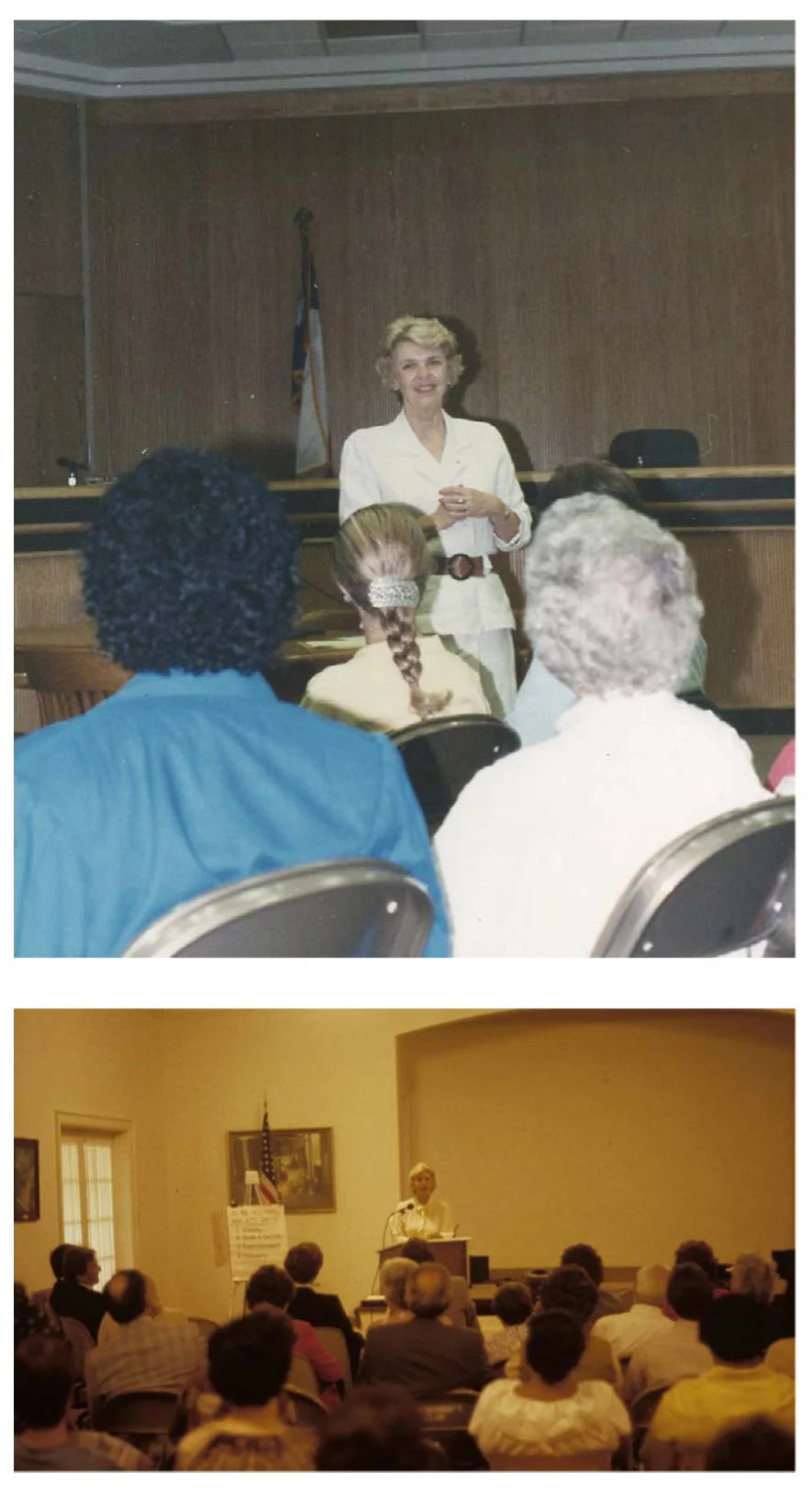 (Top) One of Anice’s greatest joys was talking to people about Main Street, whether that was through training managers or speaking at public meetings, like this one (bottom) in 1982 at the Marshall Main Street resource team site visit.