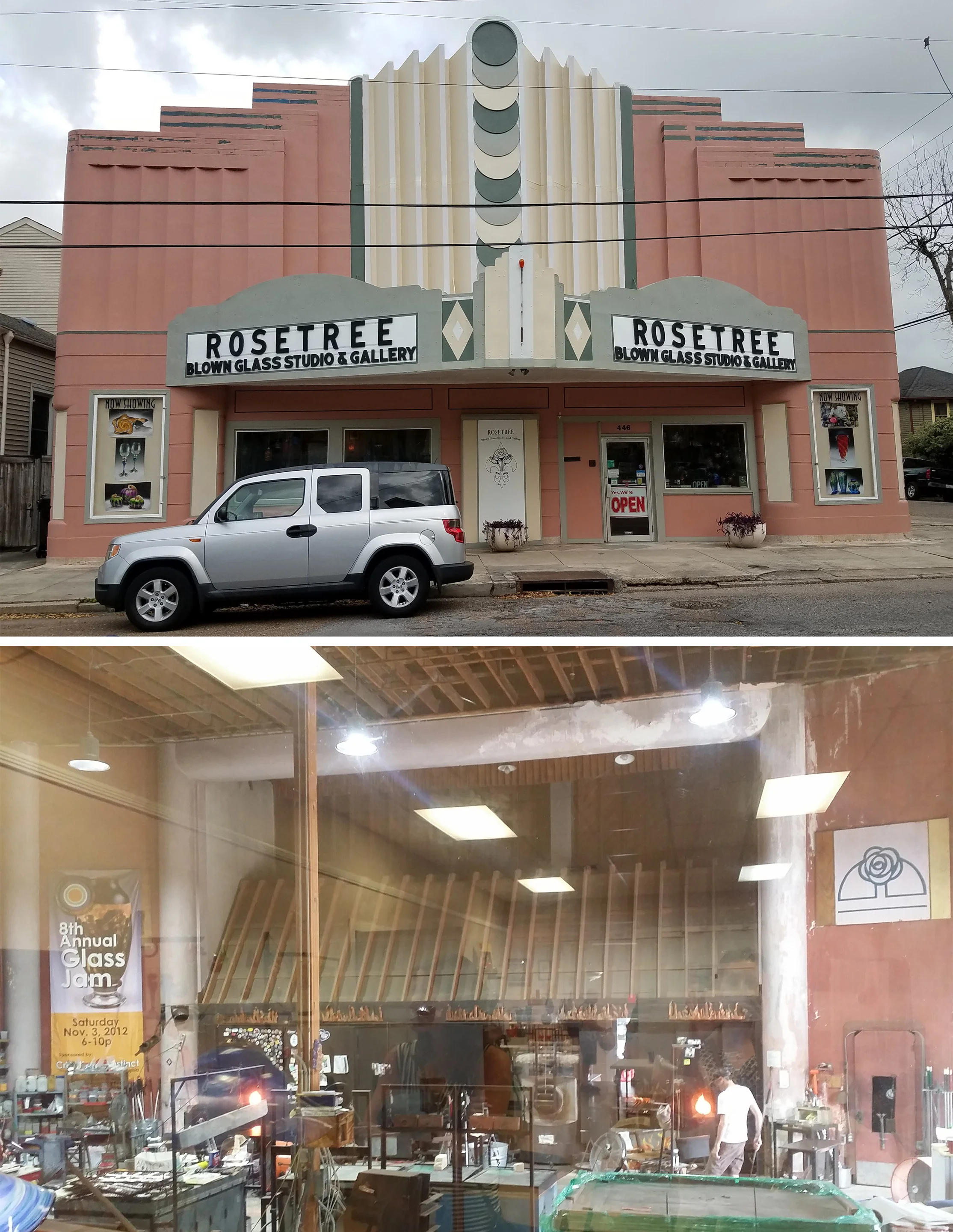 Where: New Orleans, LAWhen: March 2017This was a fascinating reuse of an old theater. &nbsp;On the outside the theater looks very similar to how it did historically. &nbsp;The Marque is retained and advertises the new business, Rosetree Blown Glass …