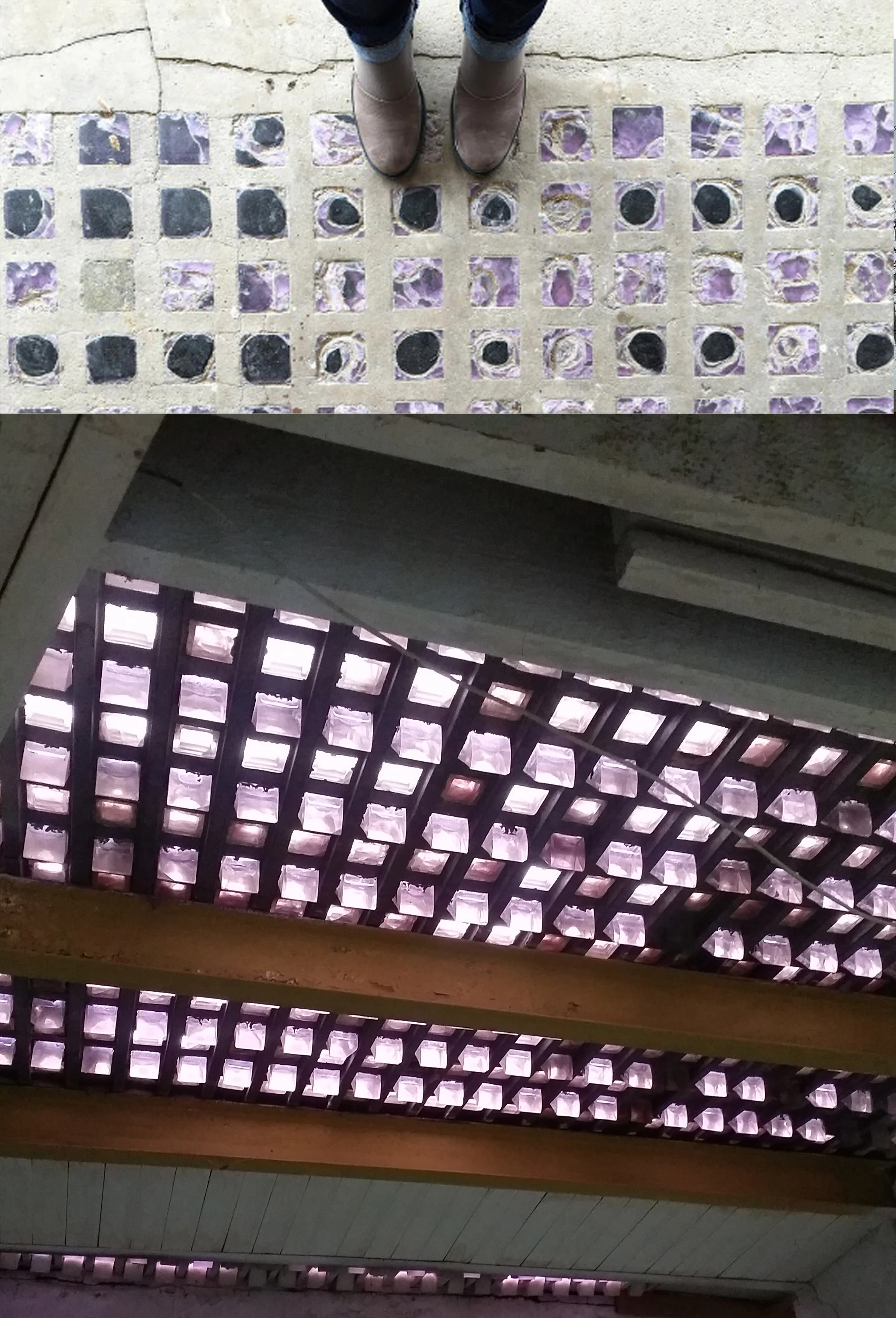 Where: Luling, TXWhen: Februay 2017Materials!&nbsp;This is prism glass. &nbsp;The top is a view of Marie's shoes on the sidewalk showing what the glass looks like from above. &nbsp;The bottom picture is in the basement of the Luling Oil Museum. &nbs…