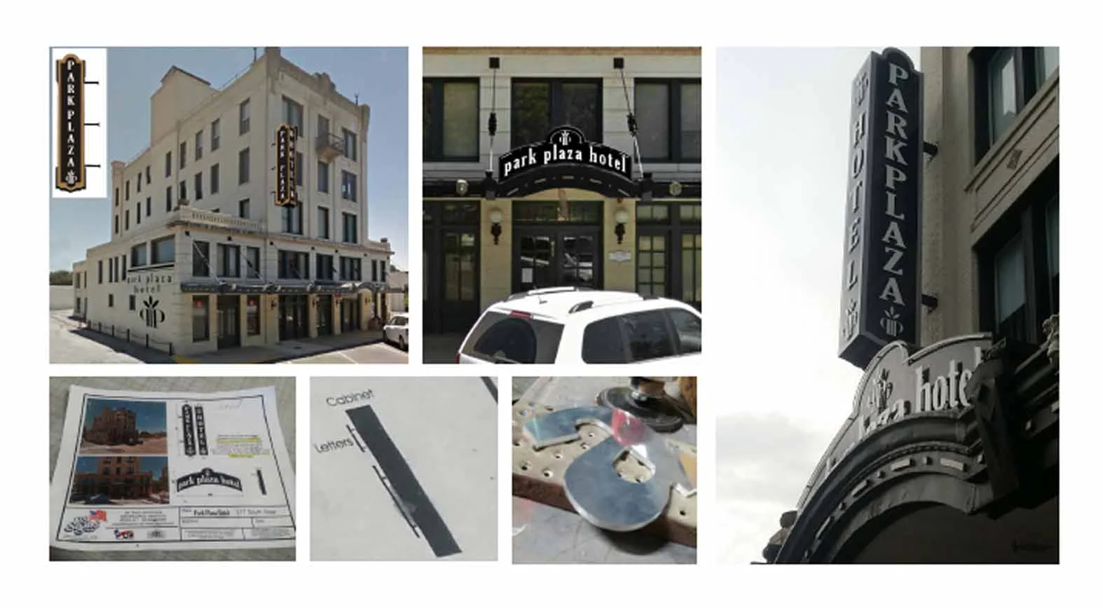 (Top images) Main Street design staἀ renderings. (Bottom left and middle) Sign company &nbsp; &nbsp; &nbsp; &nbsp; &nbsp; &nbsp; &nbsp; &nbsp; &nbsp; &nbsp; &nbsp; &nbsp; &nbsp; &nbsp; &nbsp; &nbsp; &nbsp; &nbsp; &nbsp;Park Plaza Hotel with new sign…