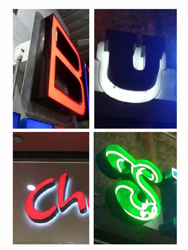 (Top left) front lit (not recommended), (top right) reverse lit (recommended), (bottom left) front/back lit (not recommended), and (bottom right) open face (appropriate on case by case basis).&nbsp;