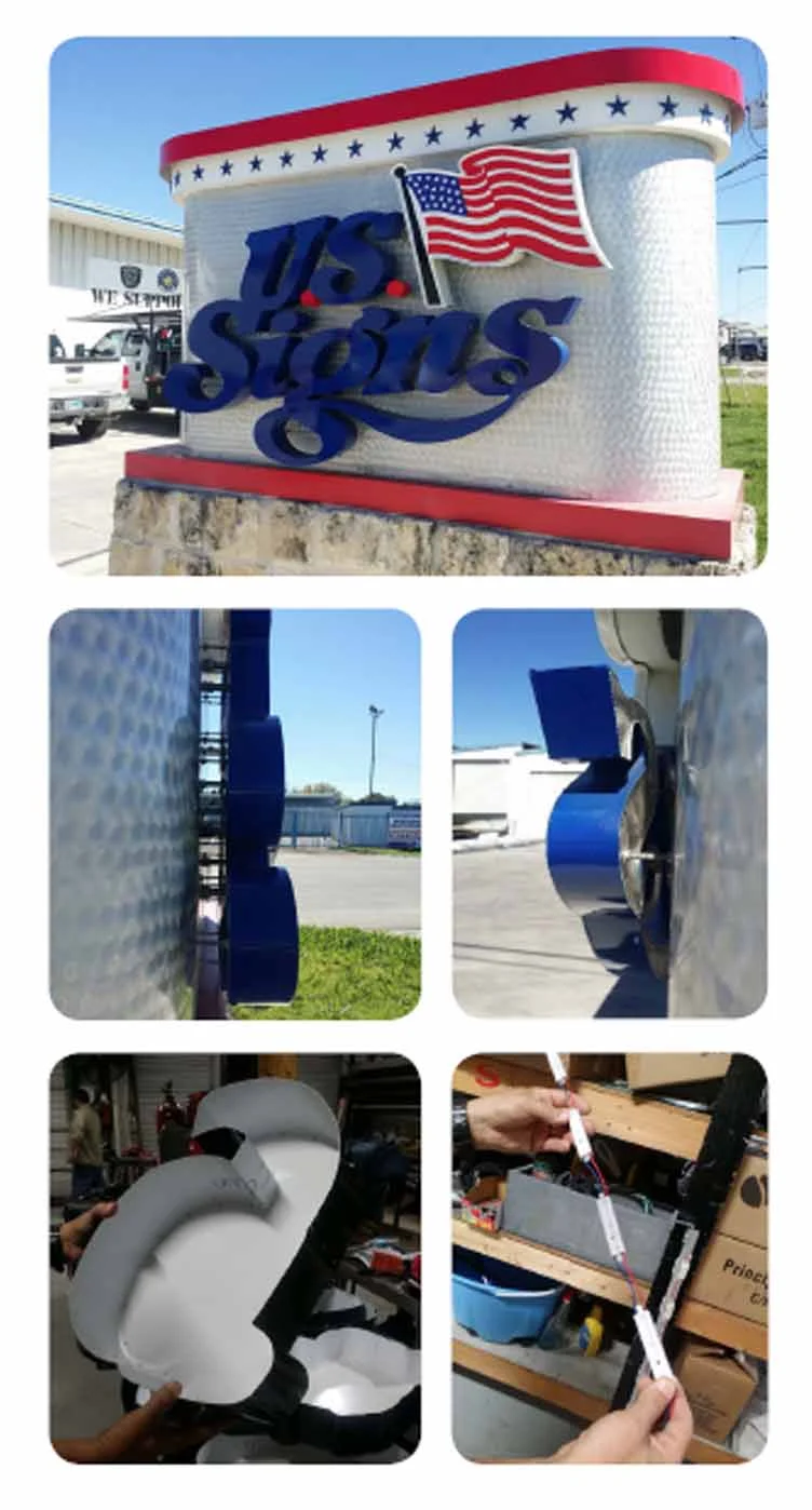 (Top) Monument sign in front of U.S. Signs. (Middle images) Side views of channel letters showing studs and LED lighting. (Bottom left) Basic channel letter form. (Bottom right) Strip of LED lighting.