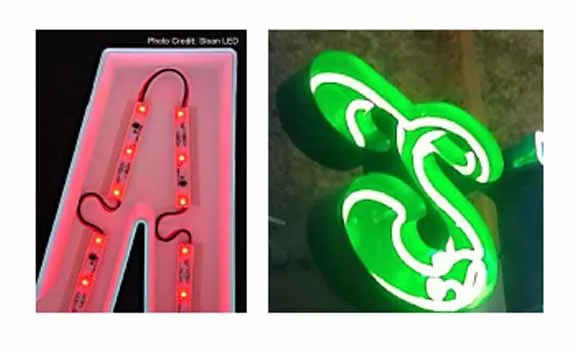 (Left) Letter LED lights lit. (Right) Neon in open face channel letter.