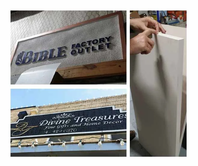 (Top left and bottom left): Styrofoam cut signs, (Right) High density foam beforecutting.