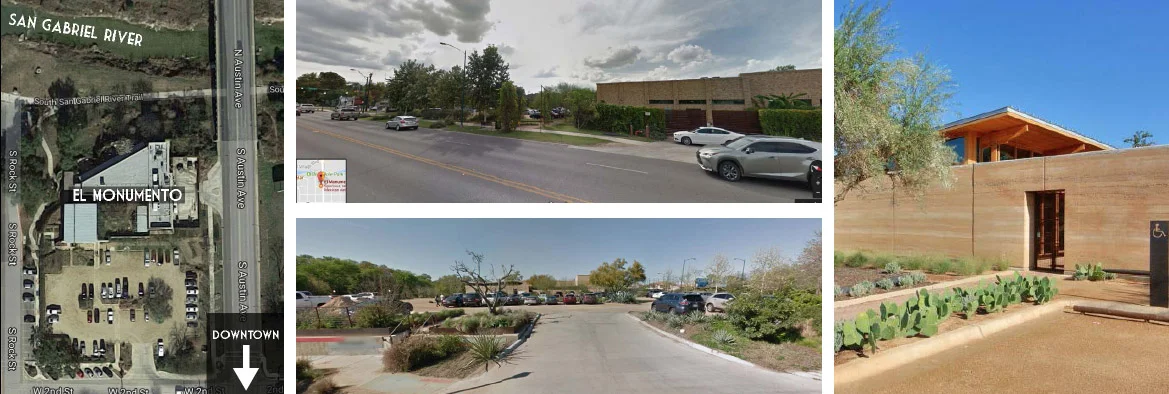 (Left) Aerial view of El Monumento in Georgetown. (Middle top) El Monumento from Austin Avenue. Source: Google Streetview. (Middle bottom) El Monumento entrance from West 2nd Street. Source: Google Streetview. (Right) Overland Partners utilized deco…