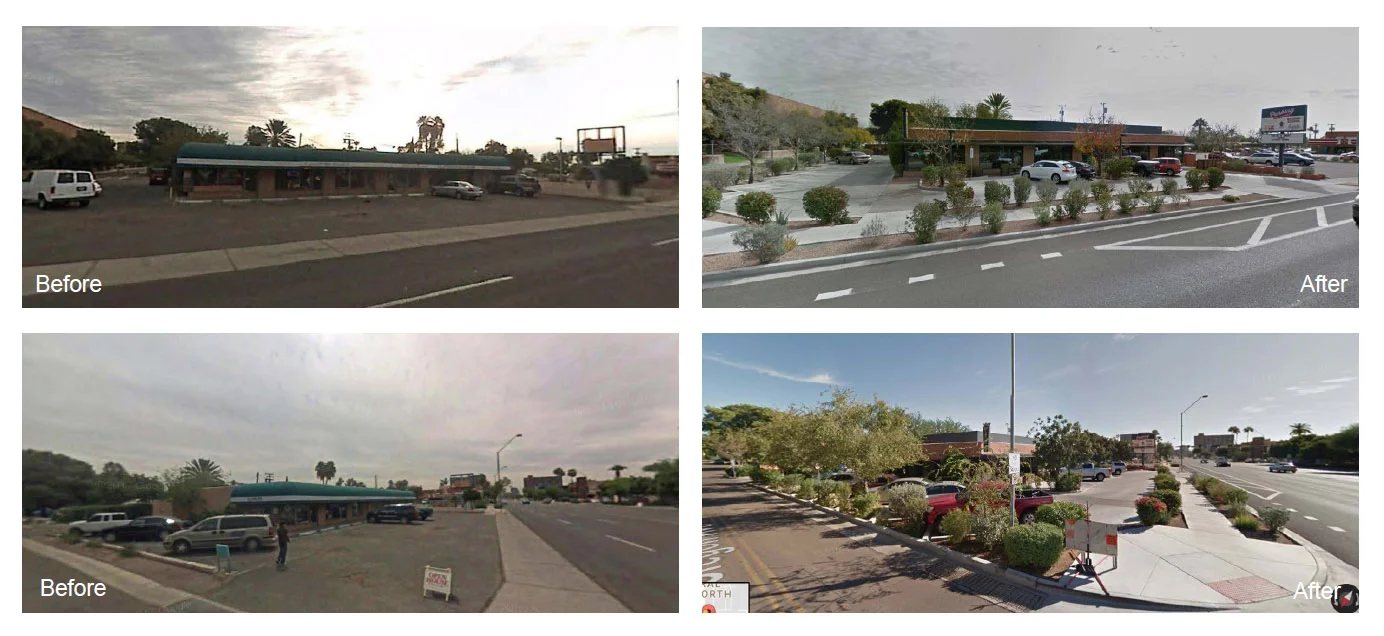 Before and after the photos of the Central Market Strip Center Conversion in Phoenix, AZ. Source: Google Streetview.
