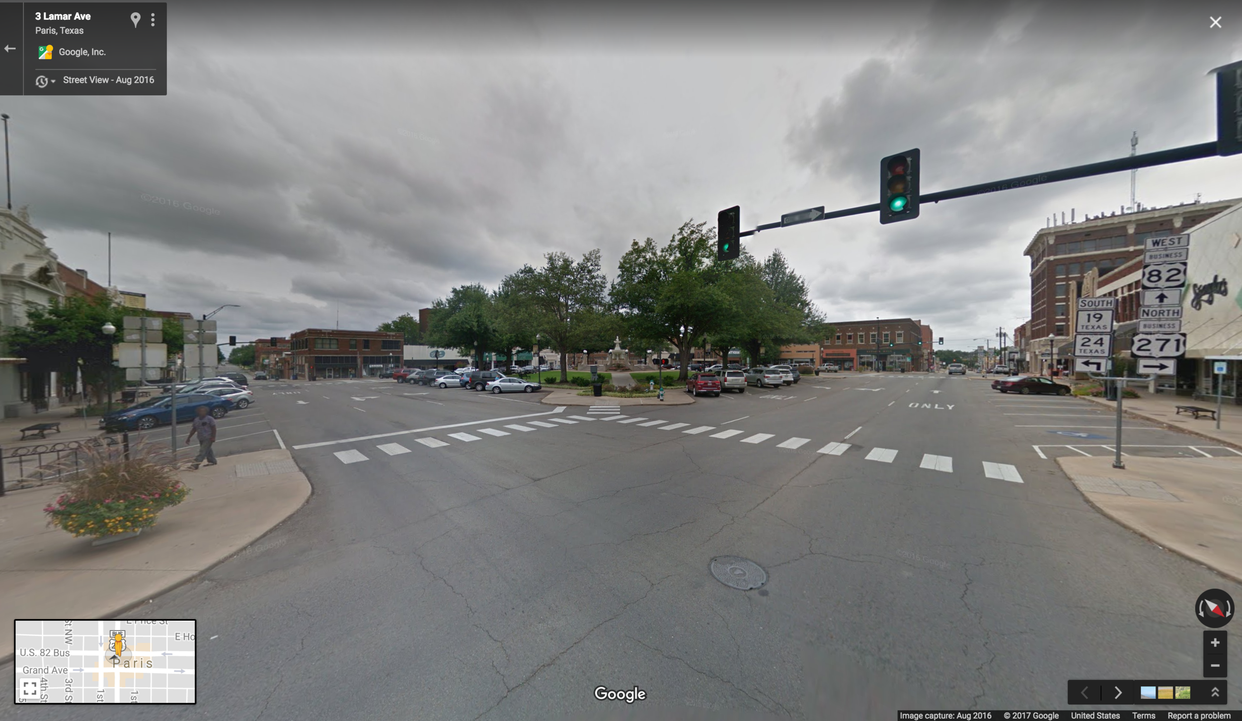 Car-centric wide one-way lanes, lengthy pedestrian crossings, and large curb radii create an inhospitable environment for people around the Plaza in Paris, TX. Source. Google Maps