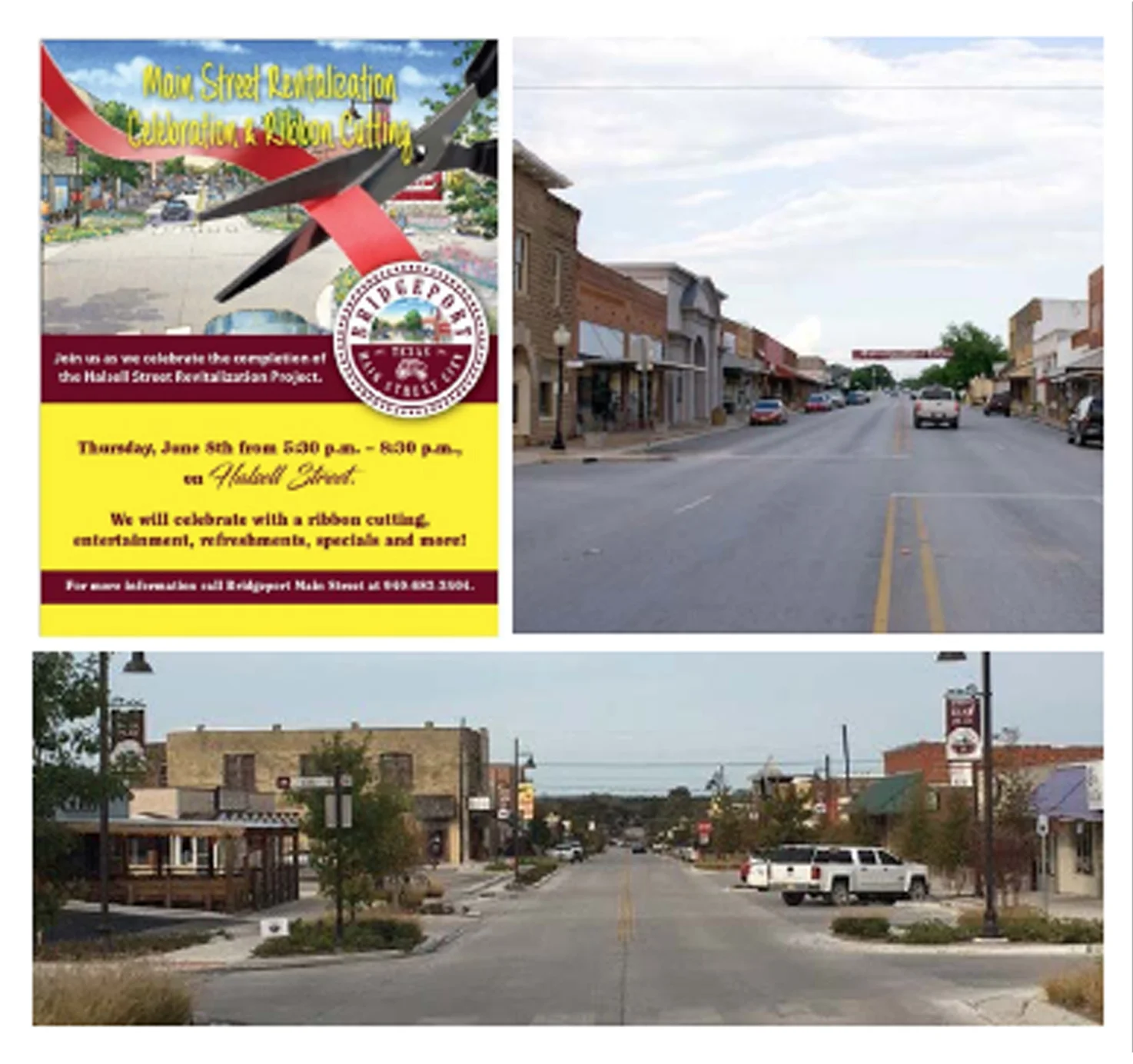 (Top left) The Halsell Street Improvement Ribbon Cutting Celebration poster in Bridgeport; (Top right) Before image of Halsell Street; (Bottom) After image of Halsell Street.
