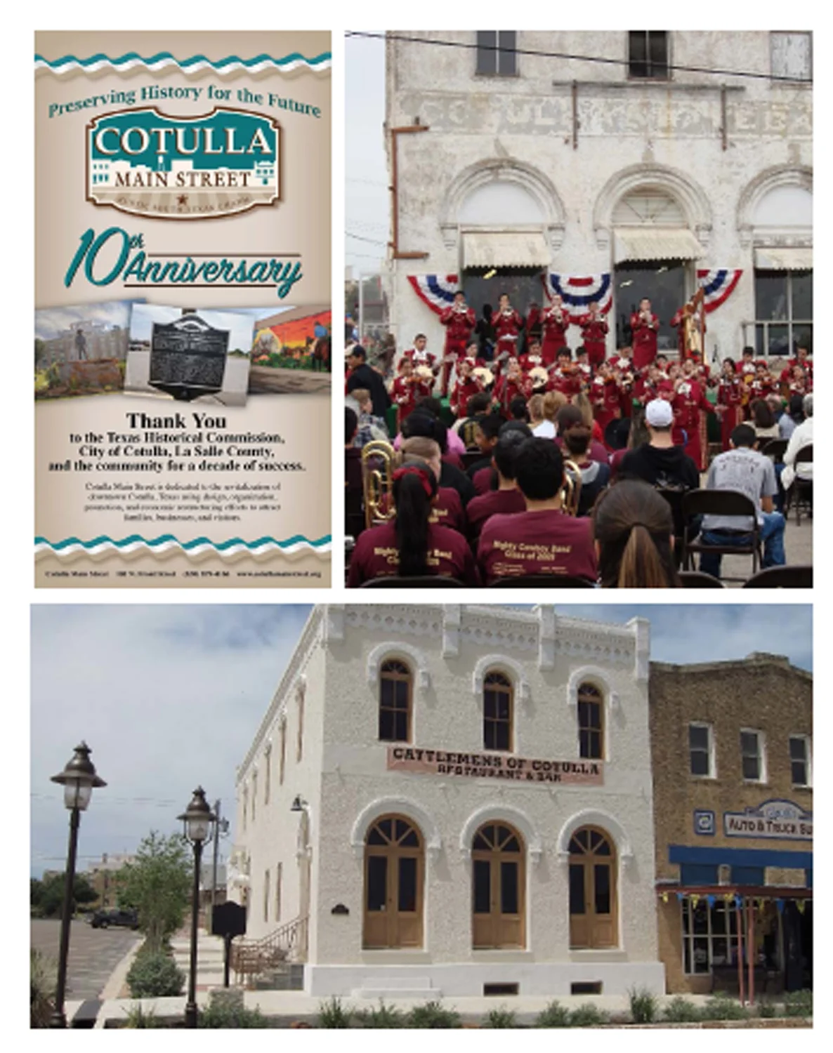(Top left) Cotulla’s 10th Anniversary event poster; (Top right) Before image of the Gallman Building; (Bottom) After image of the Gallman Building.