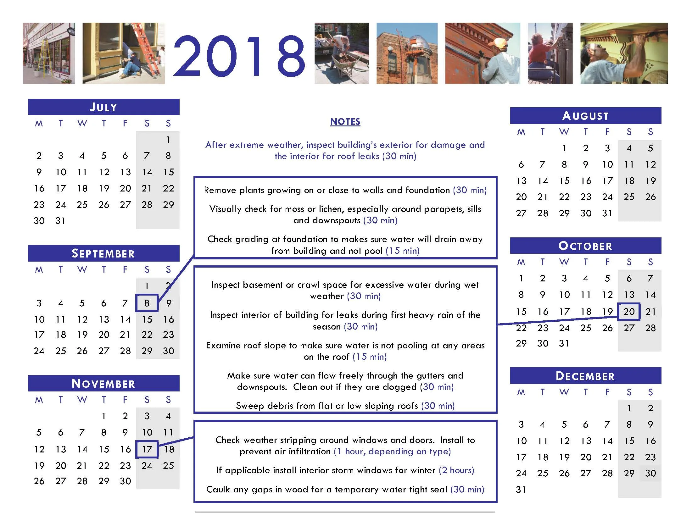 Example of a maintenance calendar. Source: Illinois State Historic Preservation Office - https://www2.illinois.gov/dnrhistoric/Preserve/Documents/Maintenance%20Schedule%202018.pdf