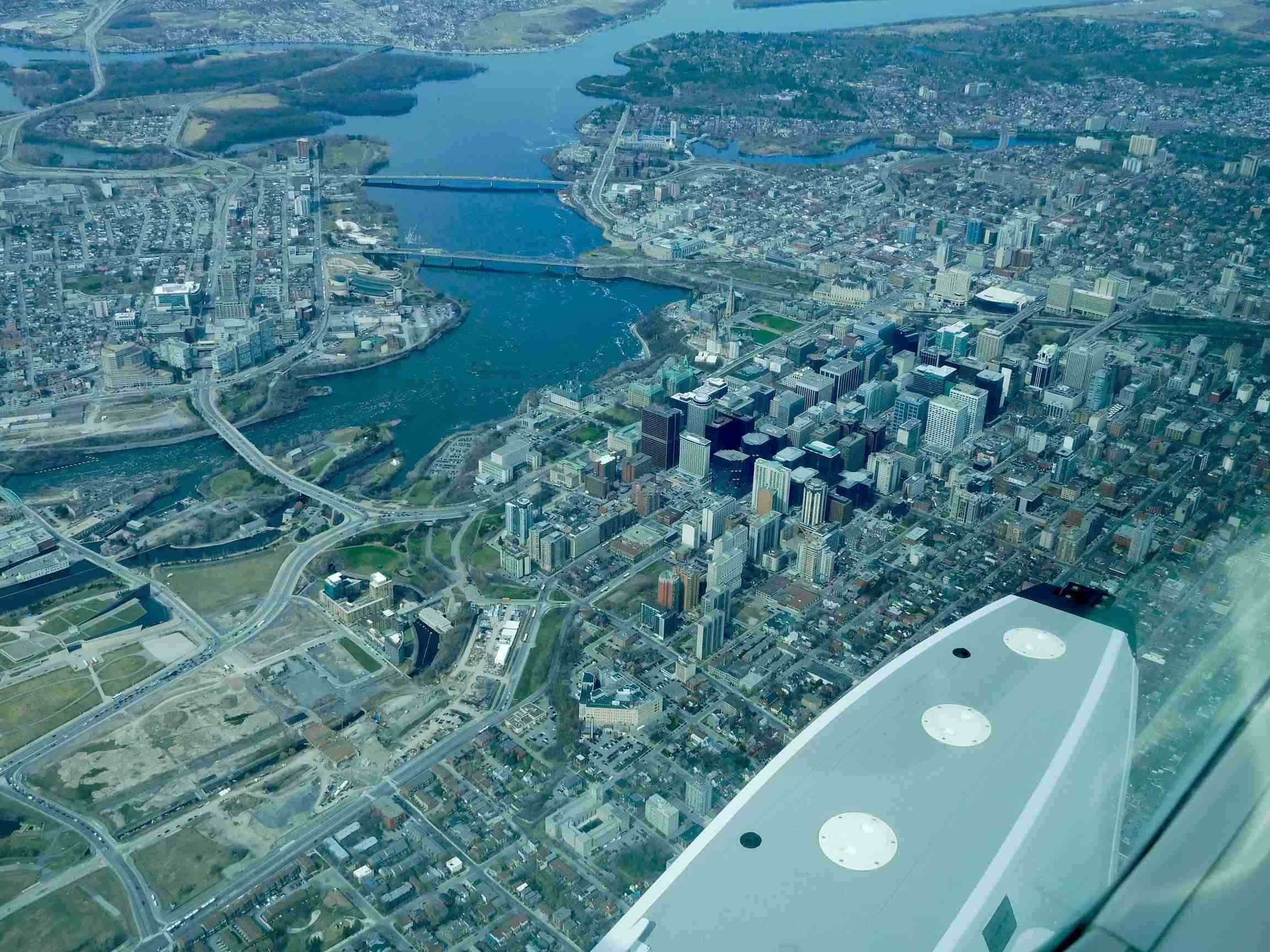 Approaching Ottawa Airport over the city and the St Lawrence River