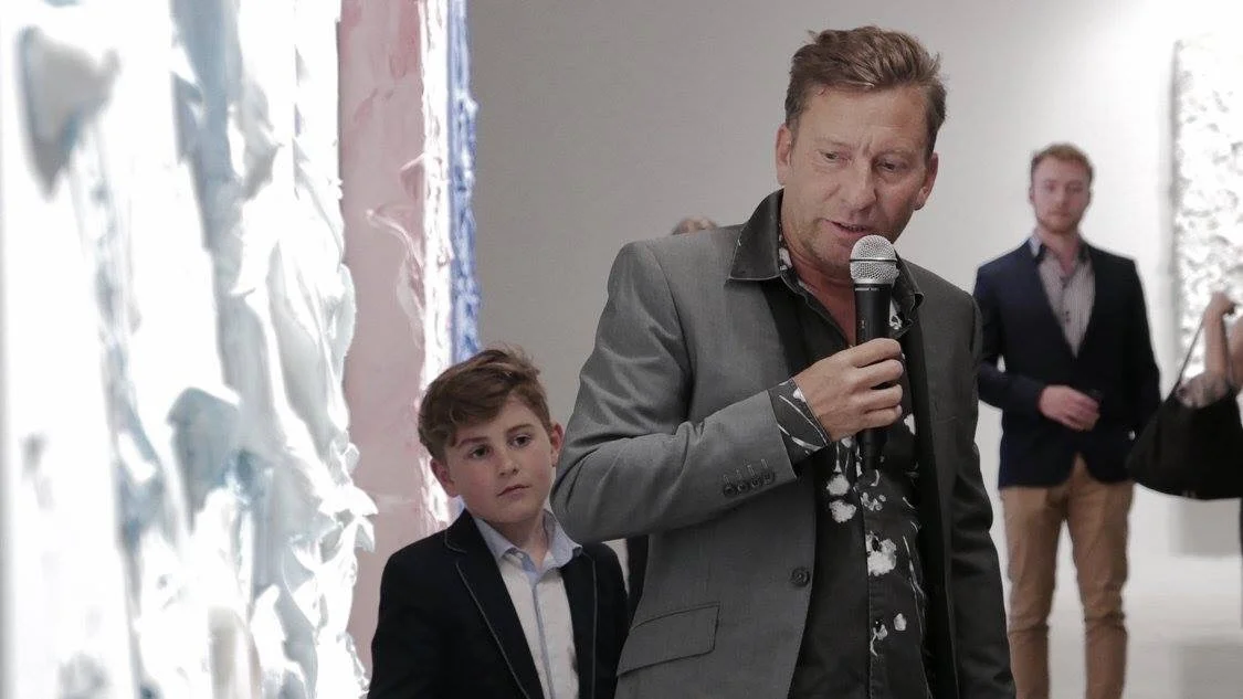 Jason Martin discussing his work at the exhibition, me contemplating matter behind