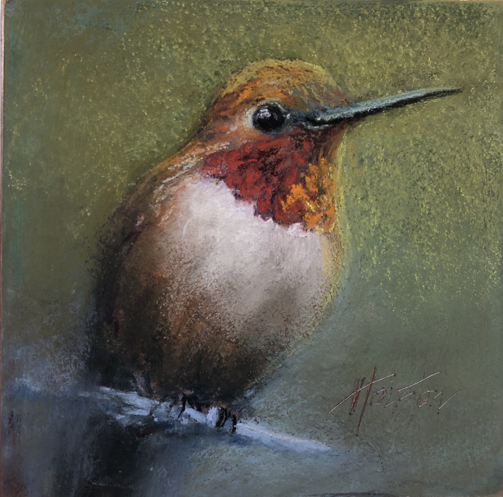 "Eager Rufous Hummingbird" 8x8, Pastel on copper $525