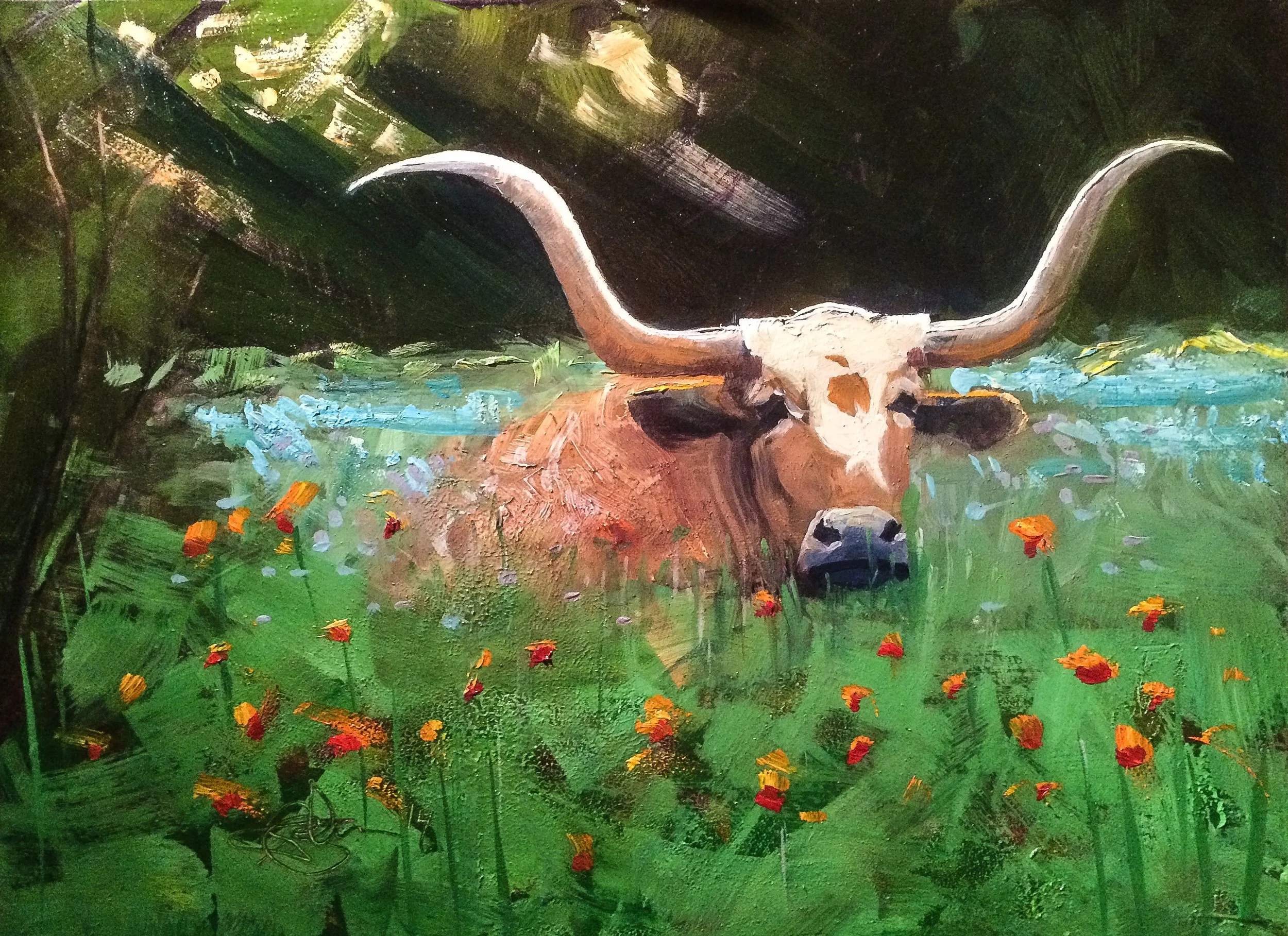 Texas Longhorn, Bluebonnets. 9x12 oil on board. (Available)