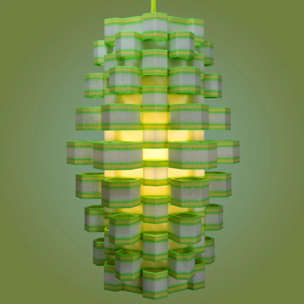 Hexy yellow and green pendant lamp seen from the front