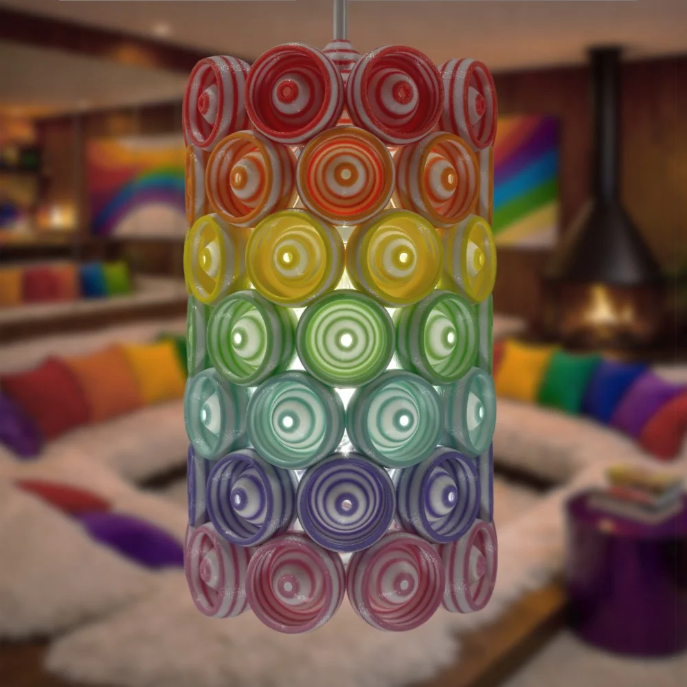 Cups rainbow pendant lamp hanging in a colorful high-rise apartment