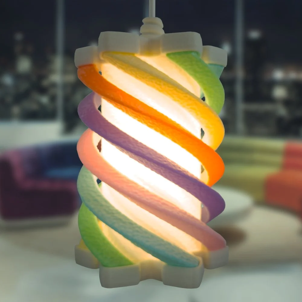 Spiral rainbow pendant lamp in a high-rise apartment