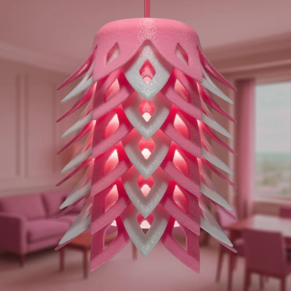 Pinecone pink pendant lamp glowing in a city penthouse