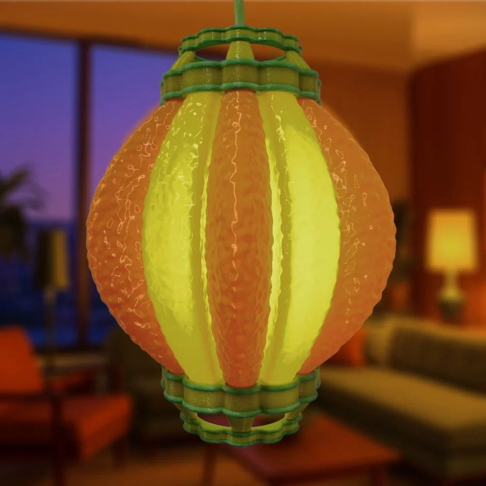 Airship pendant lamp in citrus colors hanging in a warm high-rise apartment