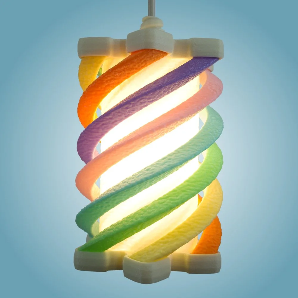 Spiral rainbow pendant lamp seen from the front