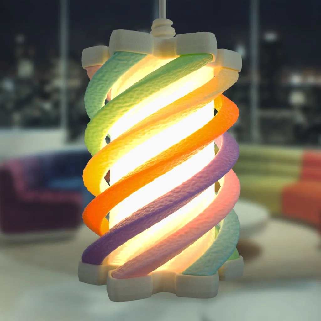 Spiral rainbow pendant lamp in a high-rise apartment