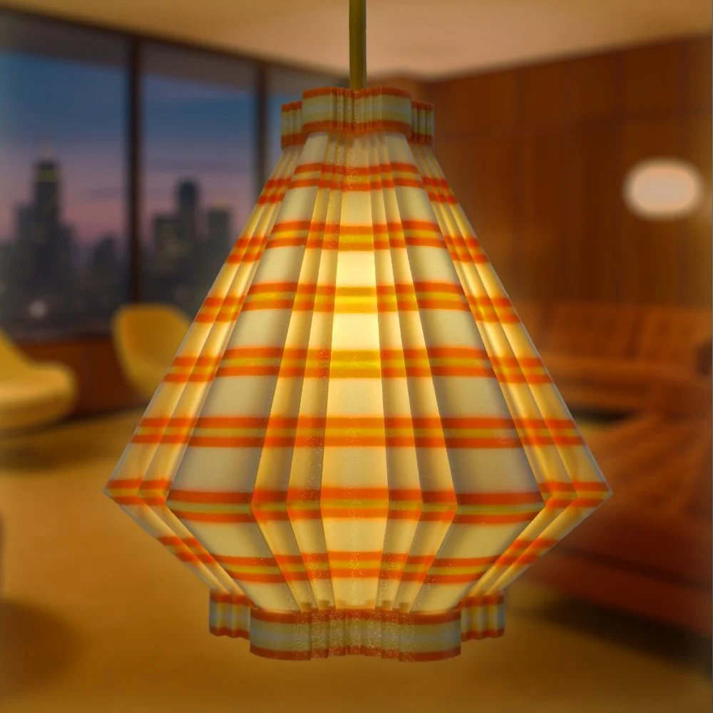 Facets orange and yellow pendant lamp hanging in a high-rise apartment at dusk
