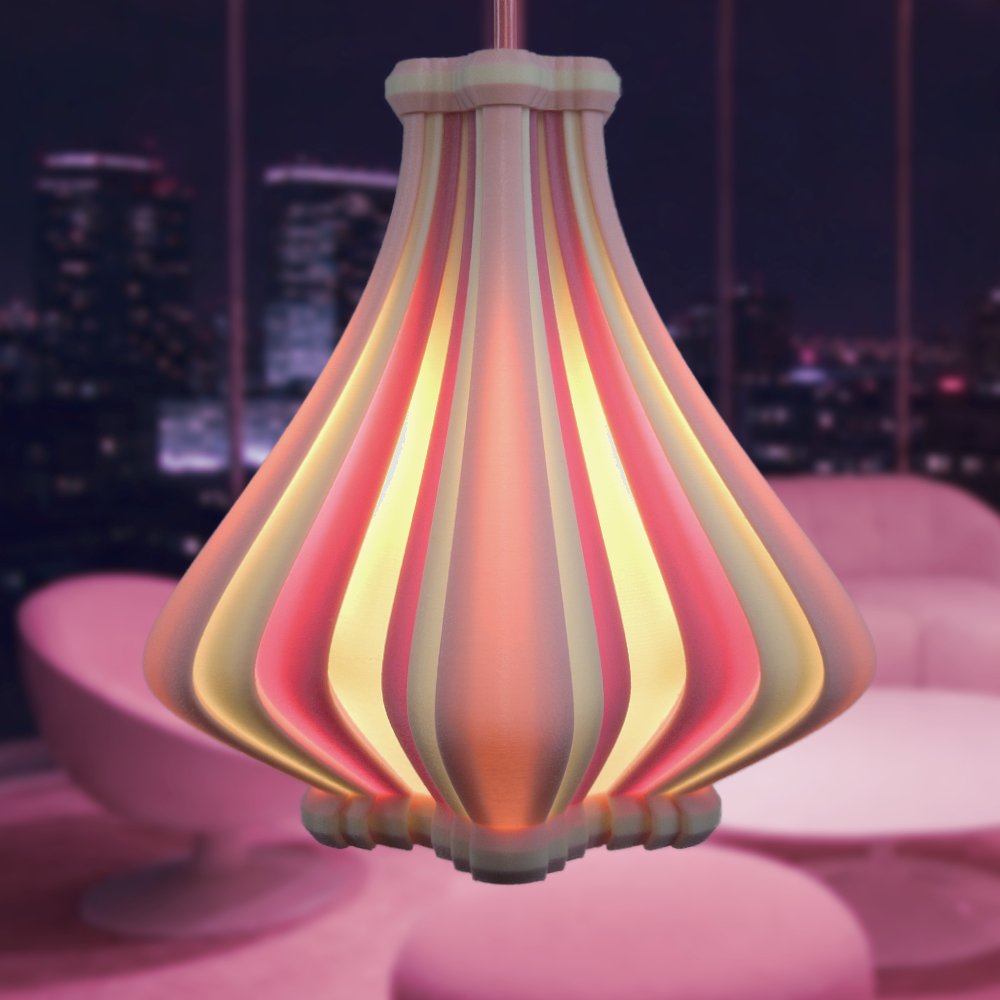 Ribbons pendant lamp in pinks hanging in a swanky high-rise apartment